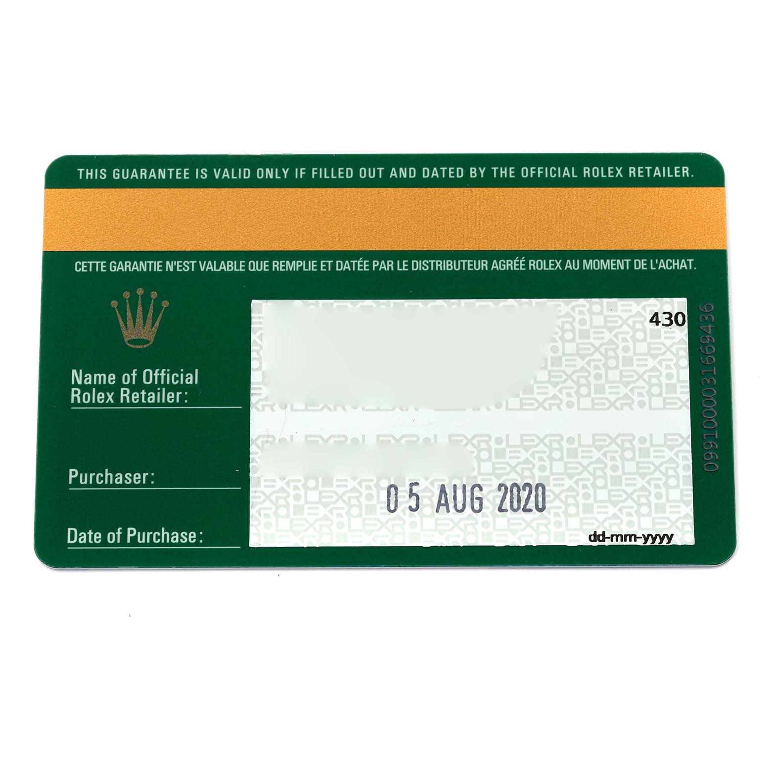 The image shows a warranty card for the Rolex Explorer 214270 Men's Stainless Steel Black Dial 214270 Men's Stainless Steel Black Dial model, displaying purchase details and retailer information.