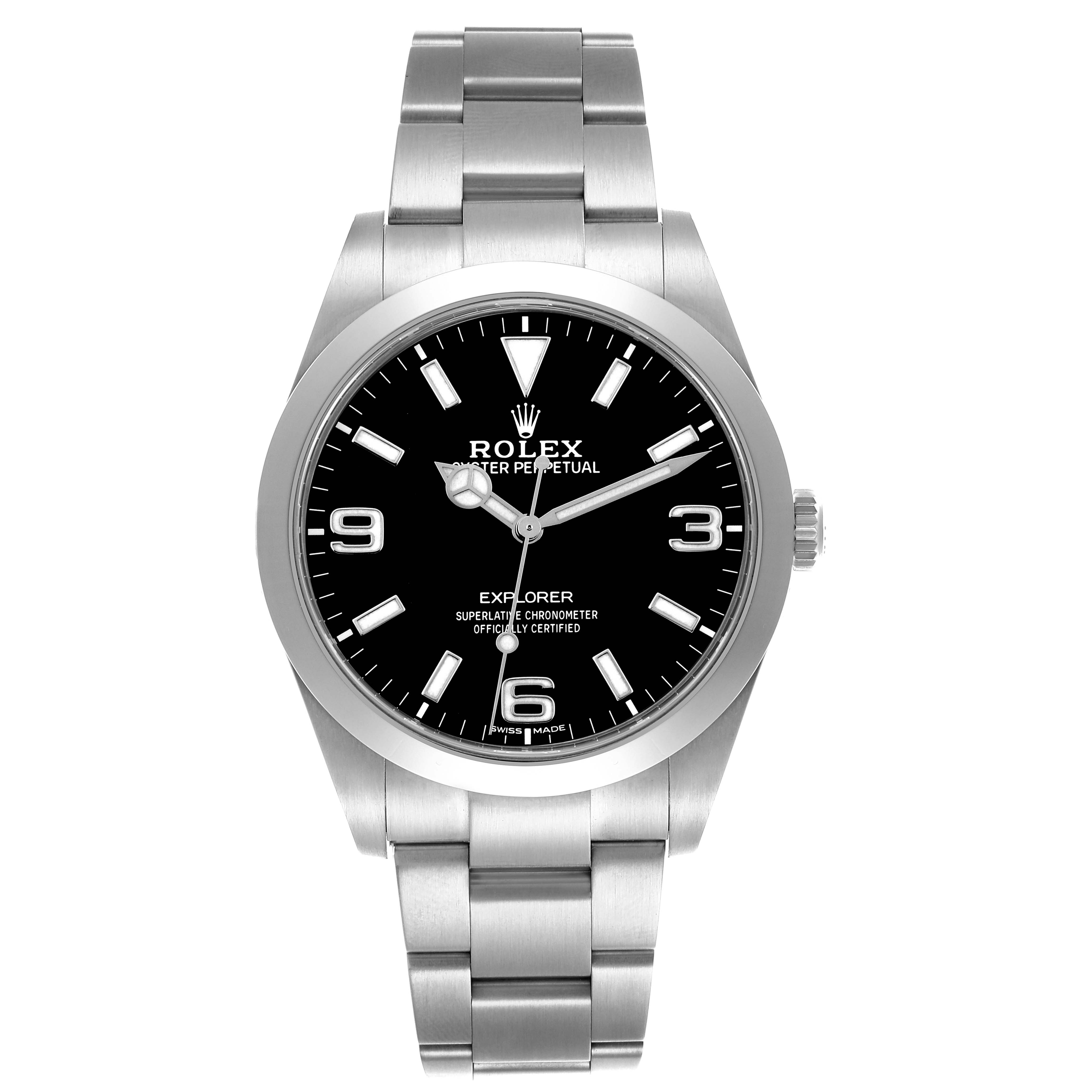 The Rolex Explorer 214270 Men's Stainless Steel Black Dial 214270 Men's Stainless Steel Black Dial watch is shown from the front, displaying its dial, bezel, and bracelet links.