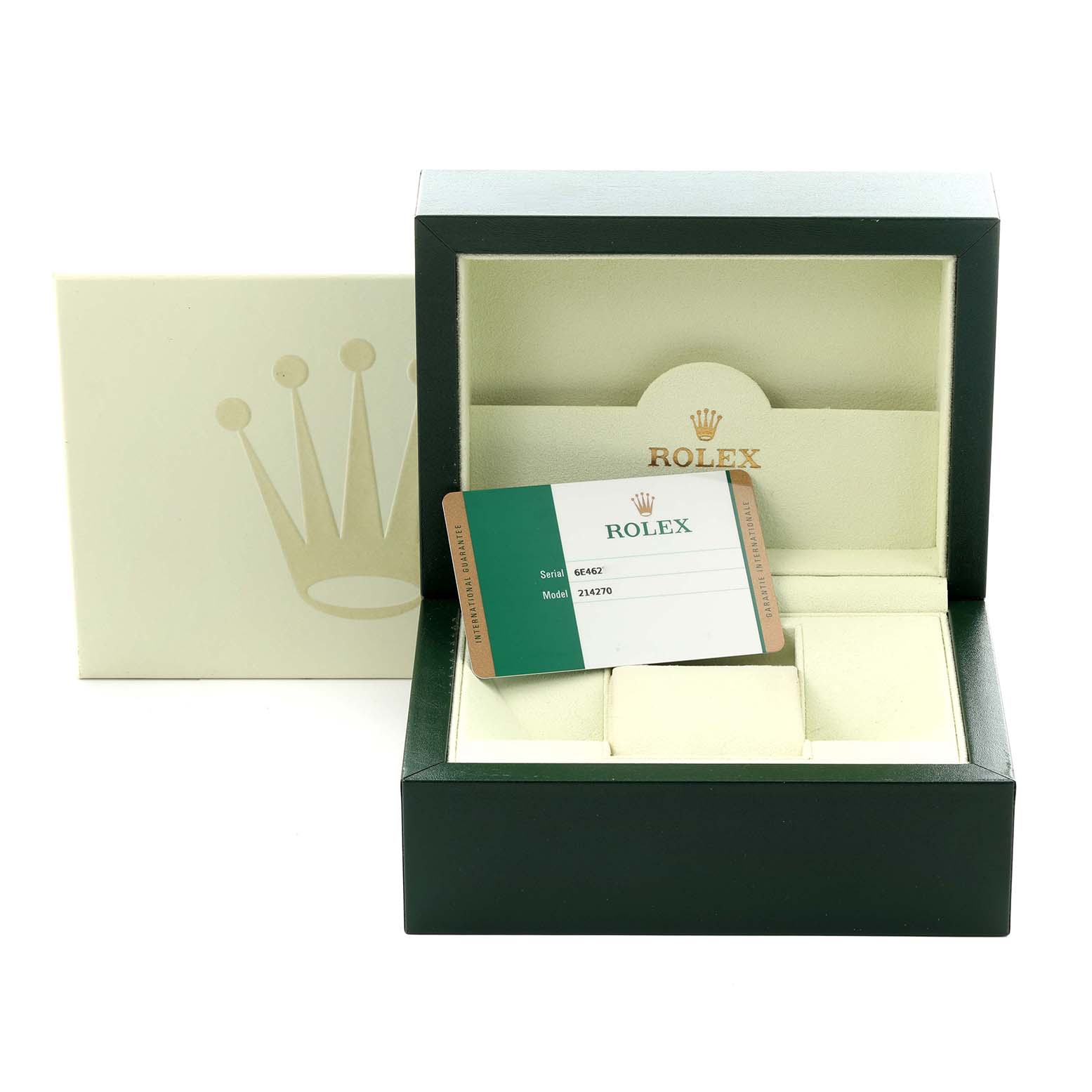 The image shows the packaging and guarantee card for a Rolex Explorer 214270 Men's Stainless Steel Black Dial 214270 Men's Stainless Steel Black Dial watch, with the box open and card placed inside.