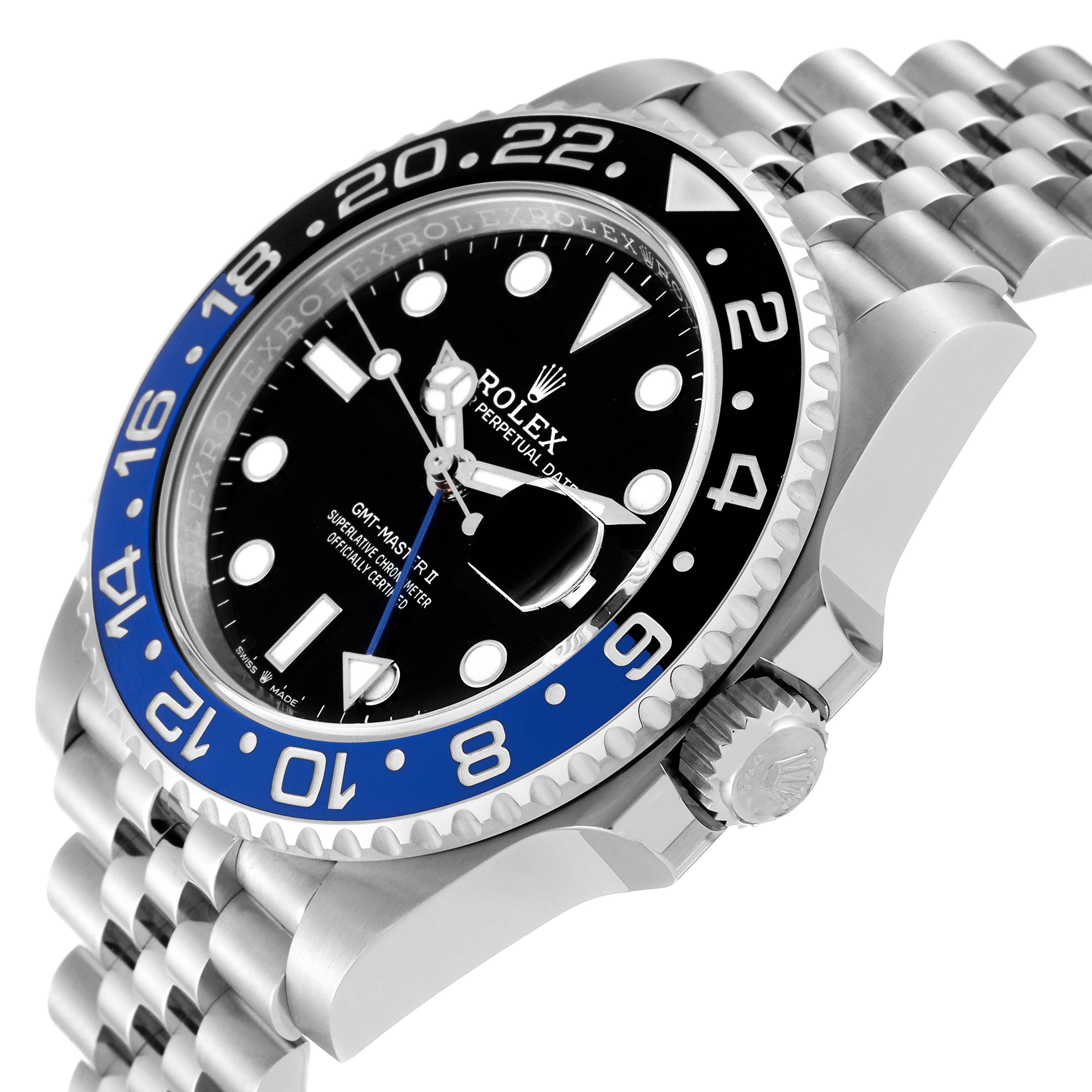 The image shows a Rolex GMT-Master 126710BLNR Men
s Stainless Steel Black Dial 126710BLNR Men
s Stainless Steel Black Dial II watch at an angled side view, highlighting the bezel, dial, and Jubilee bracelet.