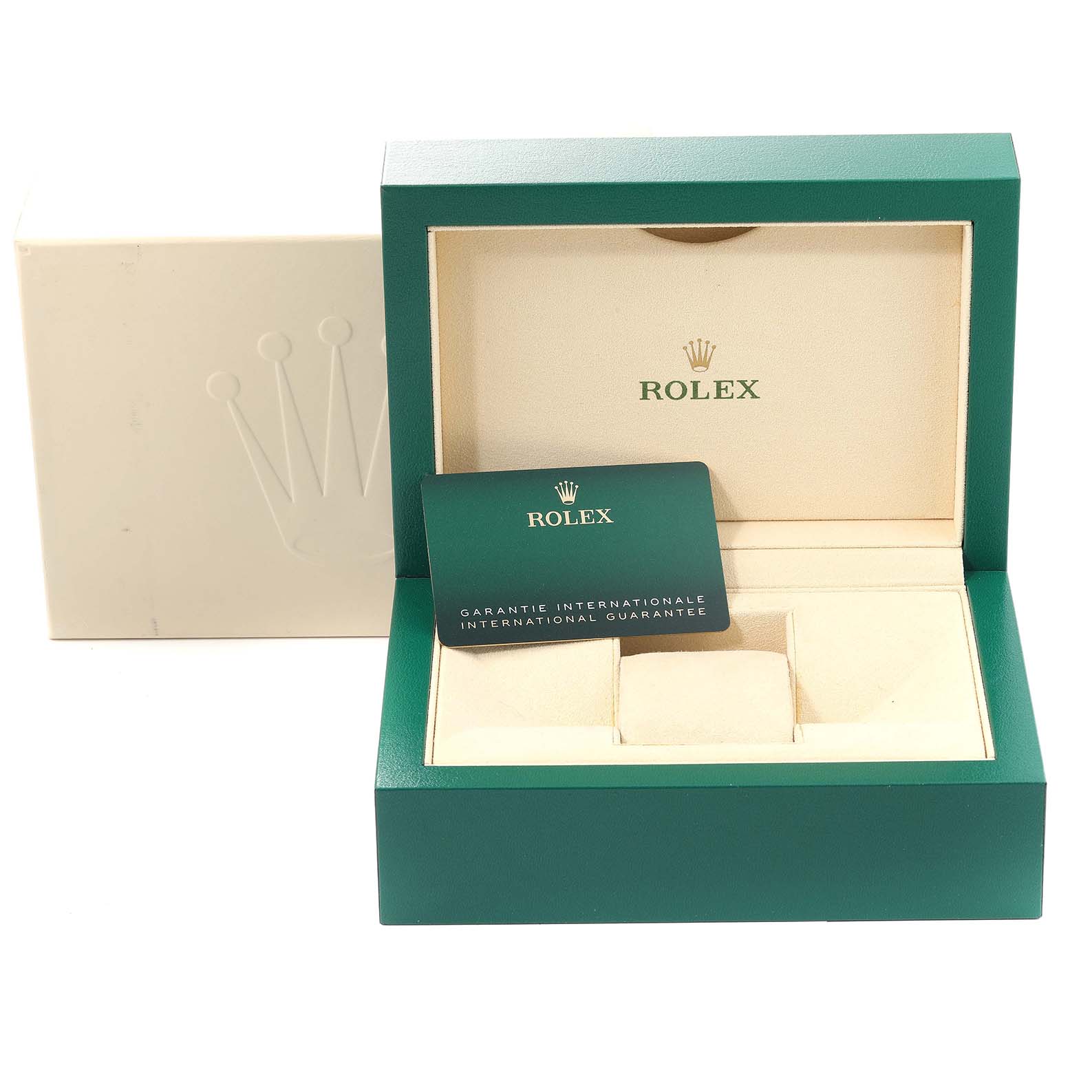 The image shows a Rolex GMT-Master 126710BLNR Men
s Stainless Steel Black Dial 126710BLNR Men
s Stainless Steel Black Dial watch box with an international guarantee card inside.