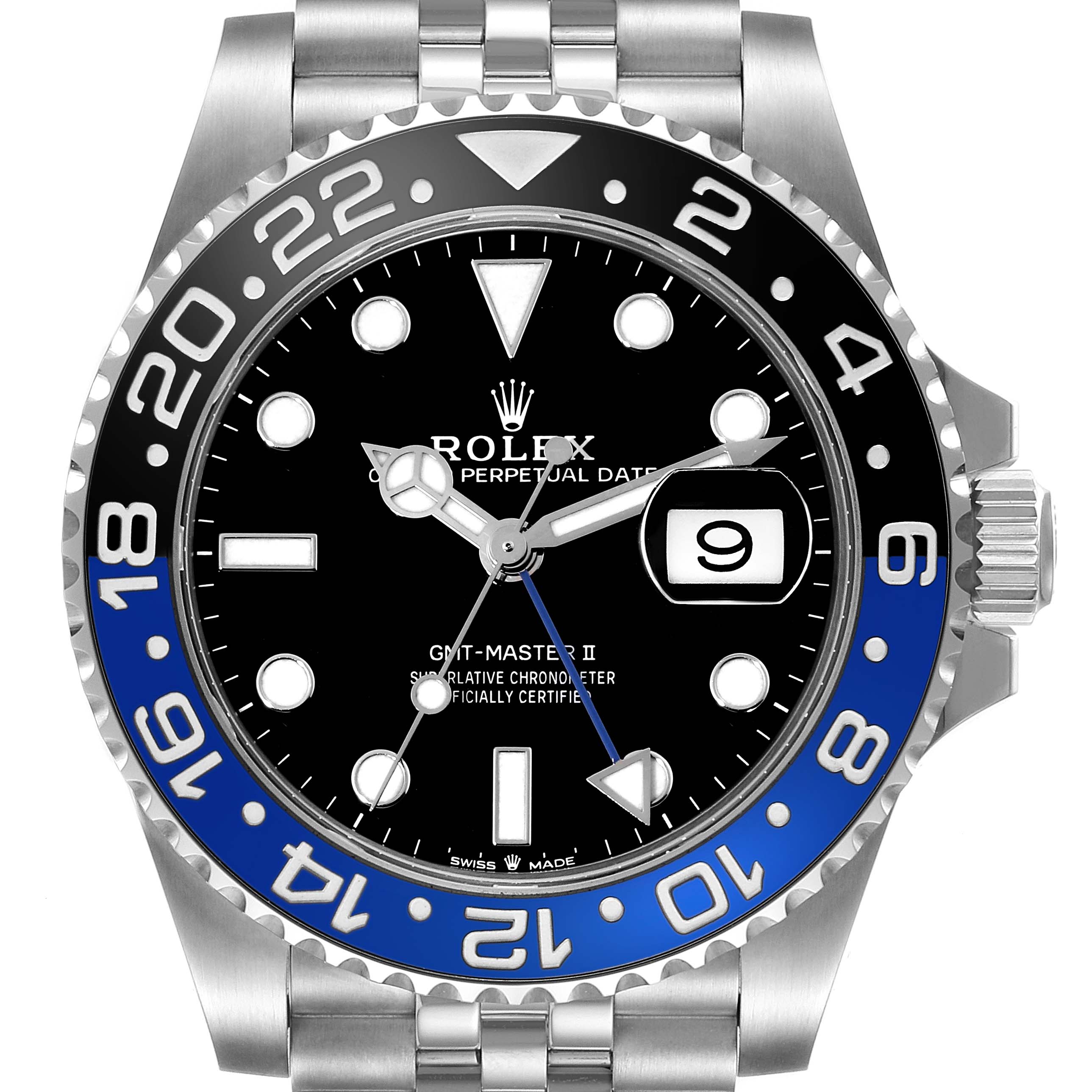 The image shows the front view of a Rolex GMT-Master 126710BLNR Men
s Stainless Steel Black Dial 126710BLNR Men
s Stainless Steel Black Dial II watch, highlighting the bezel, dial, hands, and bracelet.