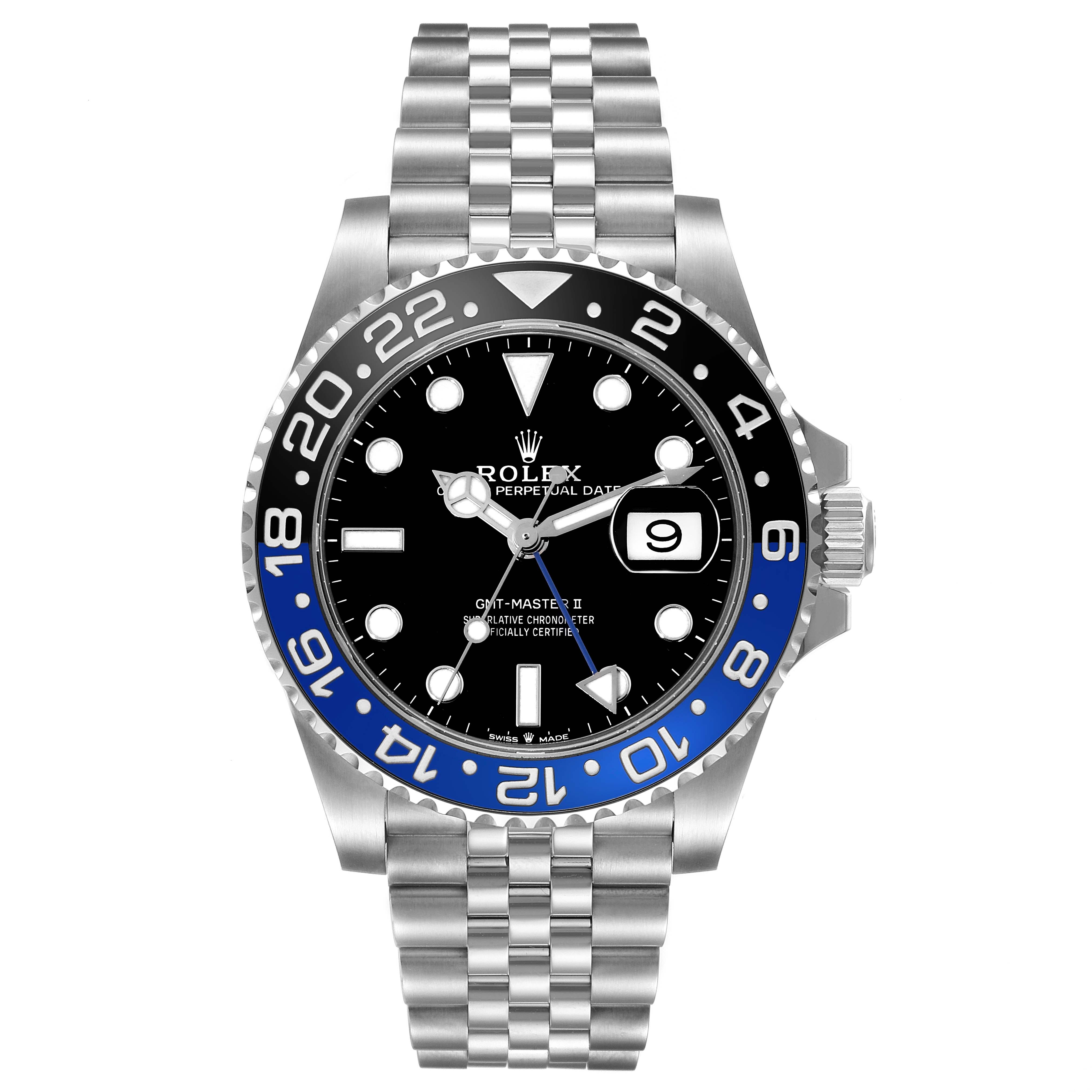 This image shows a front view of a Rolex GMT-Master 126710BLNR Men
s Stainless Steel Black Dial 126710BLNR Men
s Stainless Steel Black Dial II watch, featuring a black and blue bezel, black dial, date display, and jubilee bracelet.