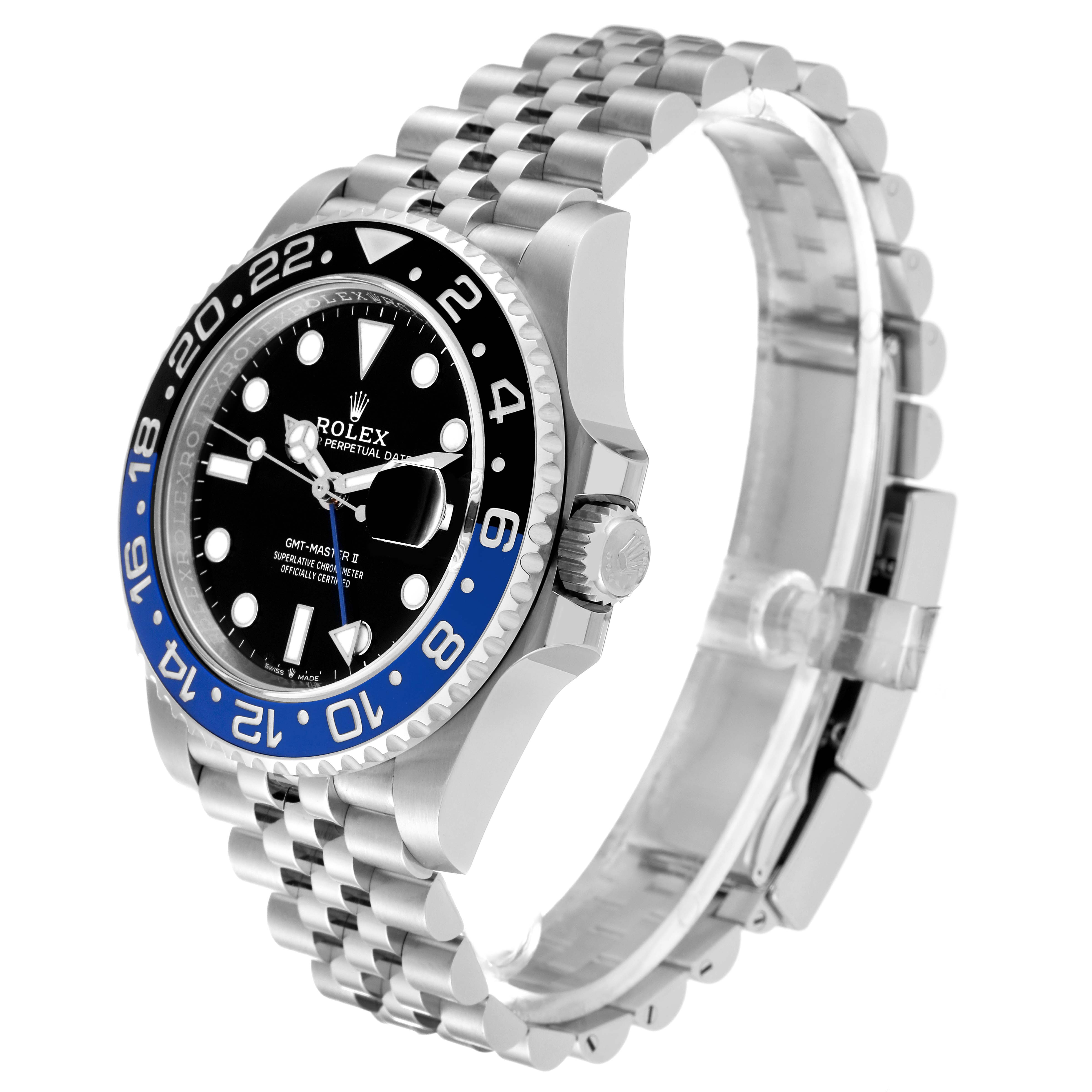 The image shows a side angle of a Rolex GMT-Master 126710BLNR Men
s Stainless Steel Black Dial 126710BLNR Men
s Stainless Steel Black Dial watch, highlighting the bezel, dial, and partial view of the bracelet.