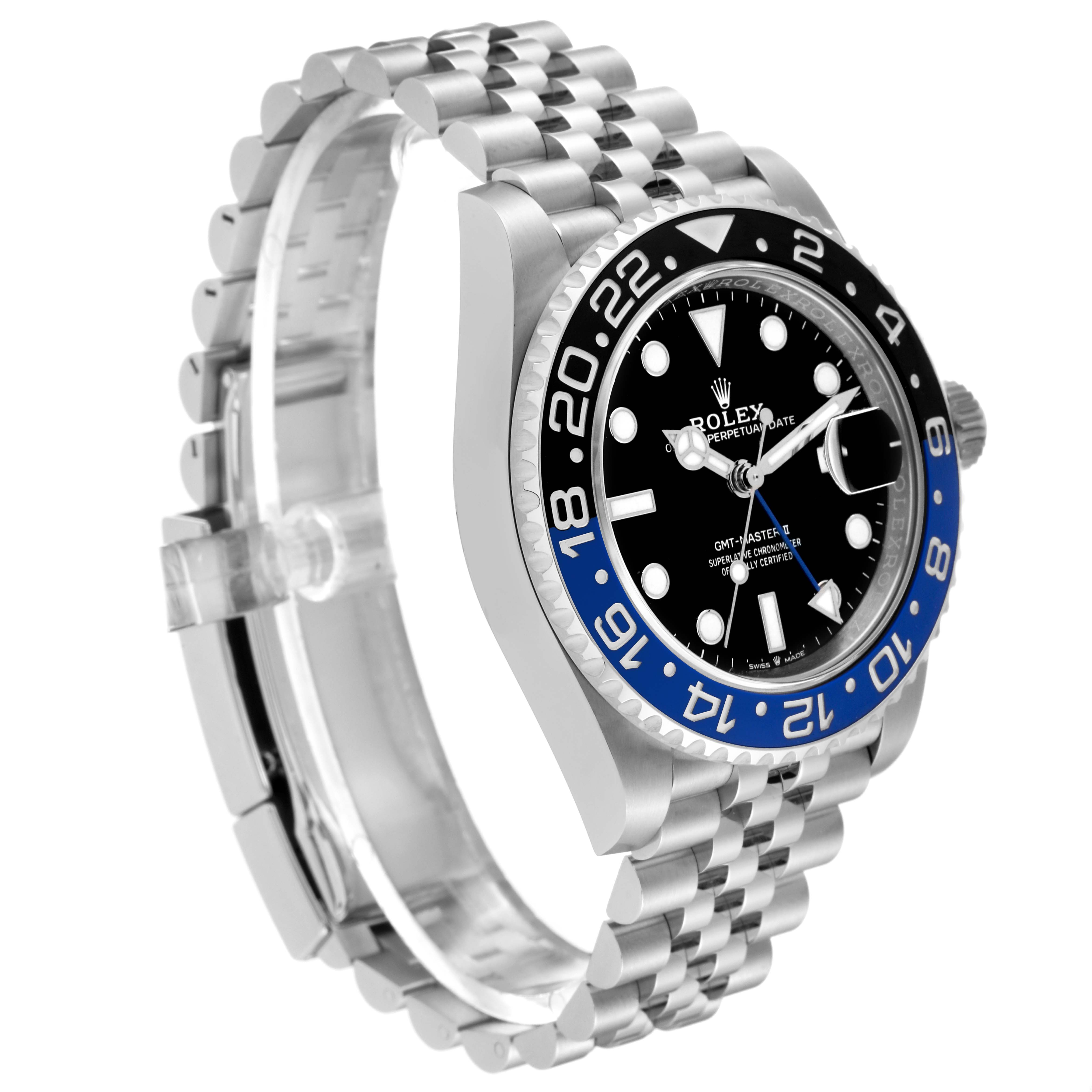 This image shows a Rolex GMT-Master 126710BLNR Men
s Stainless Steel Black Dial 126710BLNR Men
s Stainless Steel Black Dial watch from a three-quarter angle, highlighting the face, bezel, crown, and bracelet.