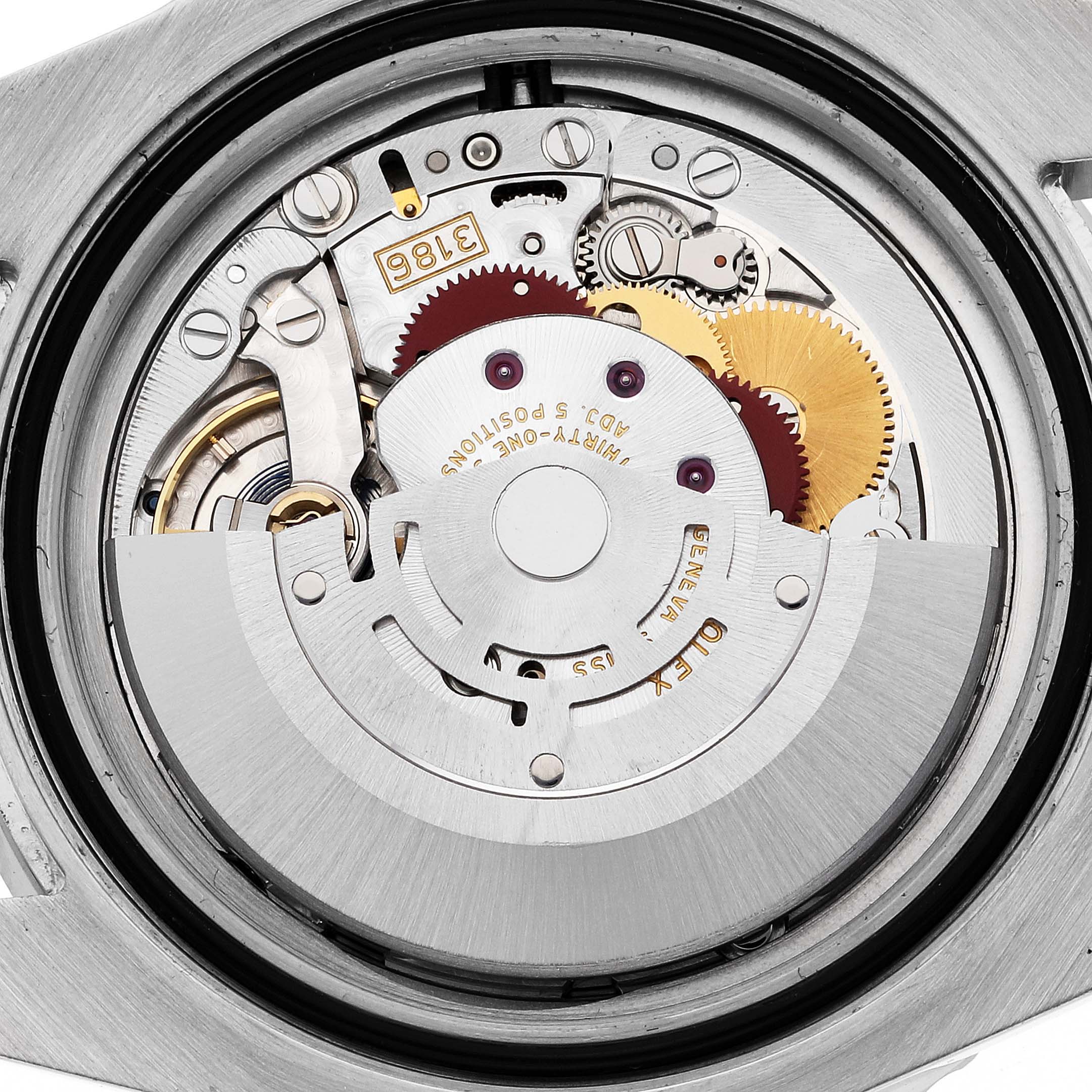 The image shows the internal mechanical movement of a Rolex GMT-Master 116710LN Men
s Stainless Steel Black Dial 116710LN Men
s Stainless Steel Black Dial watch from a close-up, top-down angle.