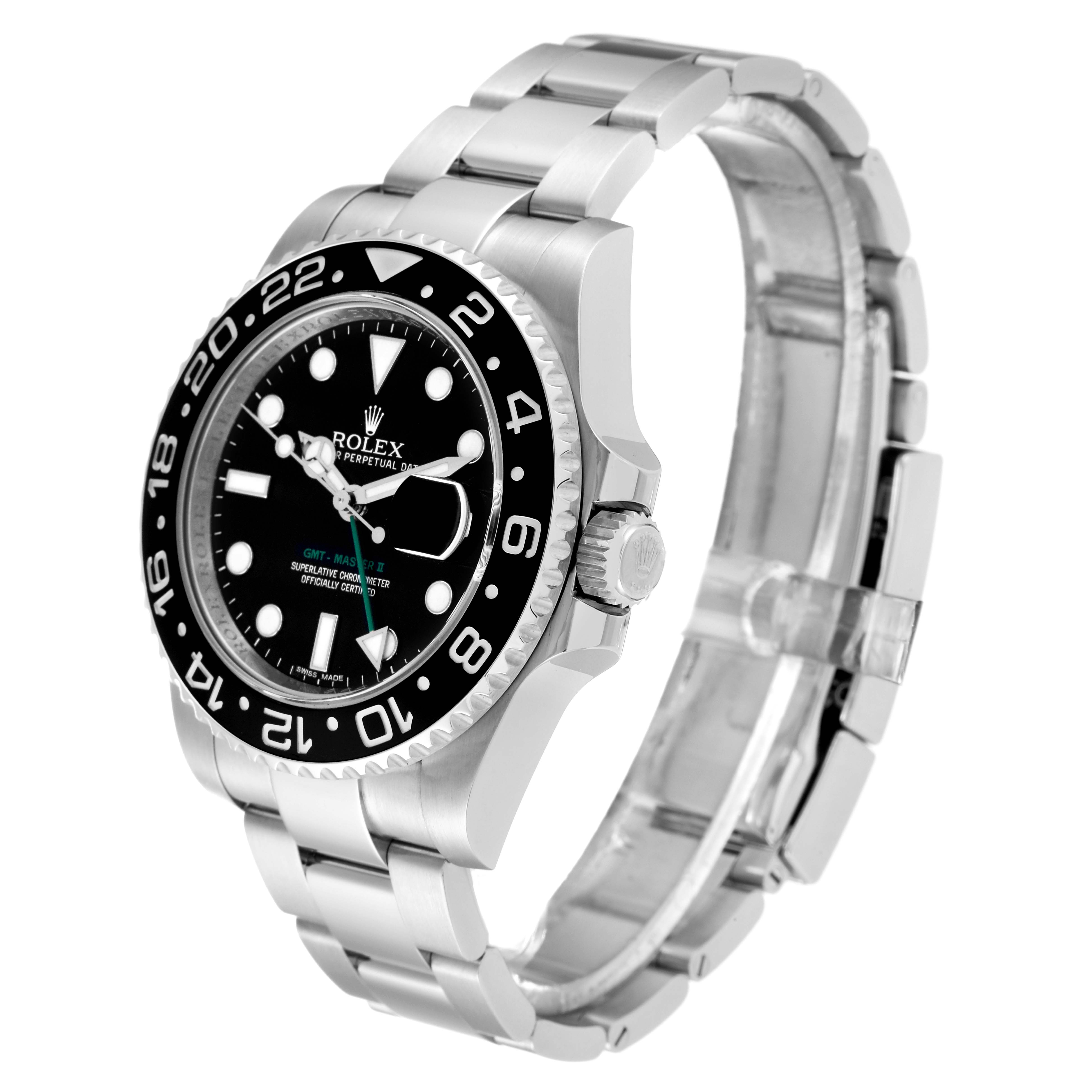 This image shows a side-angled view of a Rolex GMT-Master 116710LN Men
s Stainless Steel Black Dial 116710LN Men
s Stainless Steel Black Dial watch, highlighting the face, bezel, and bracelet.