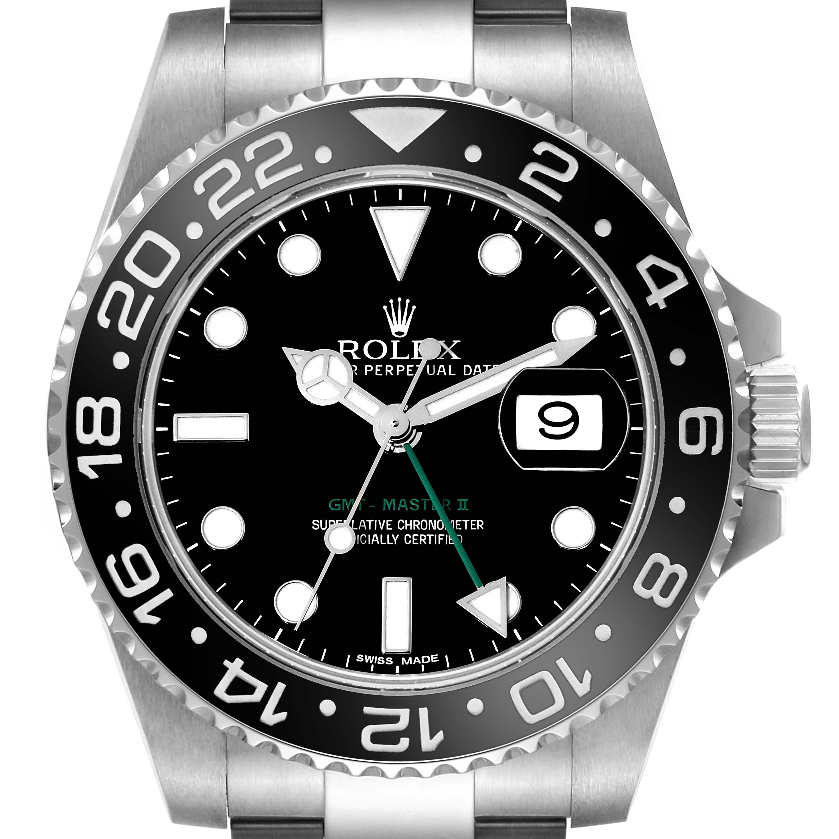 The image shows a frontal view of the Rolex GMT-Master 116710LN Men
s Stainless Steel Black Dial 116710LN Men
s Stainless Steel Black Dial II watch, highlighting its bezel, dial, and date window.