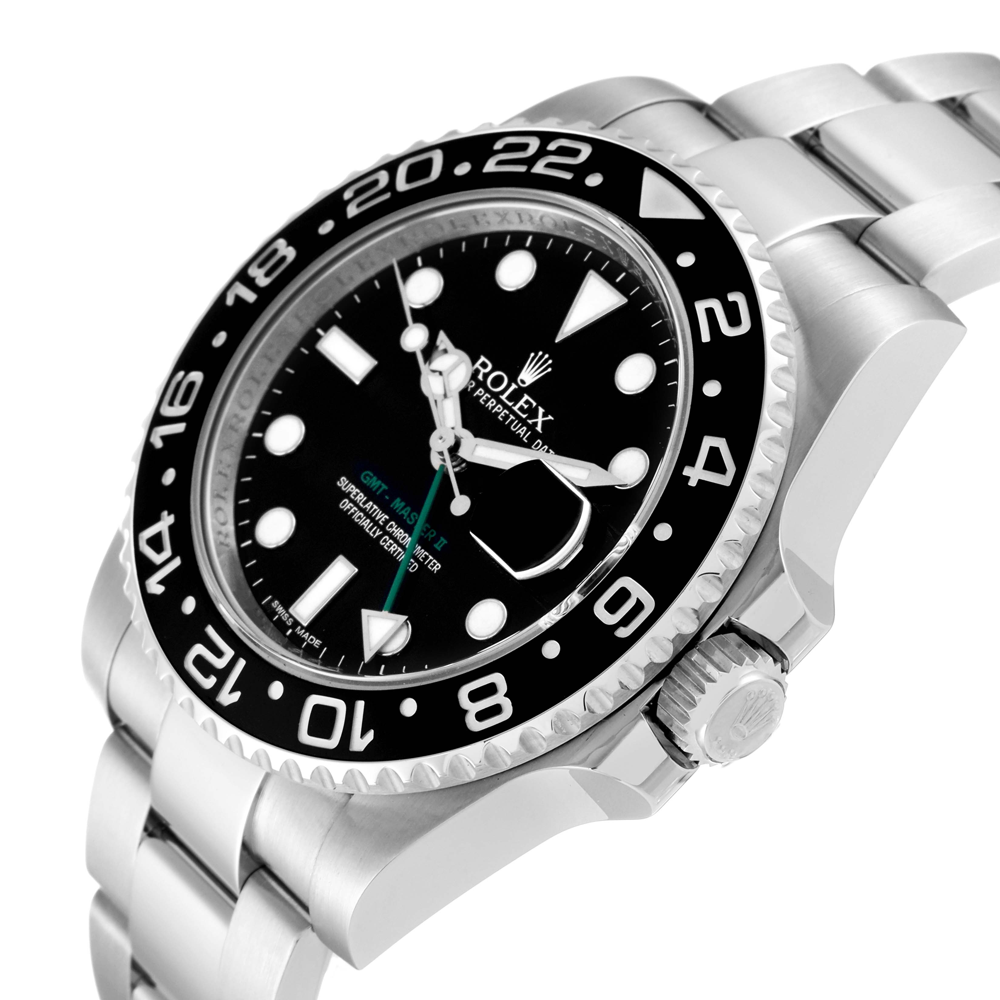 The image shows a side and partial front view of the Rolex GMT-Master 116710LN Men
s Stainless Steel Black Dial 116710LN Men
s Stainless Steel Black Dial watch, focusing on the bezel, dial, and part of the bracelet.