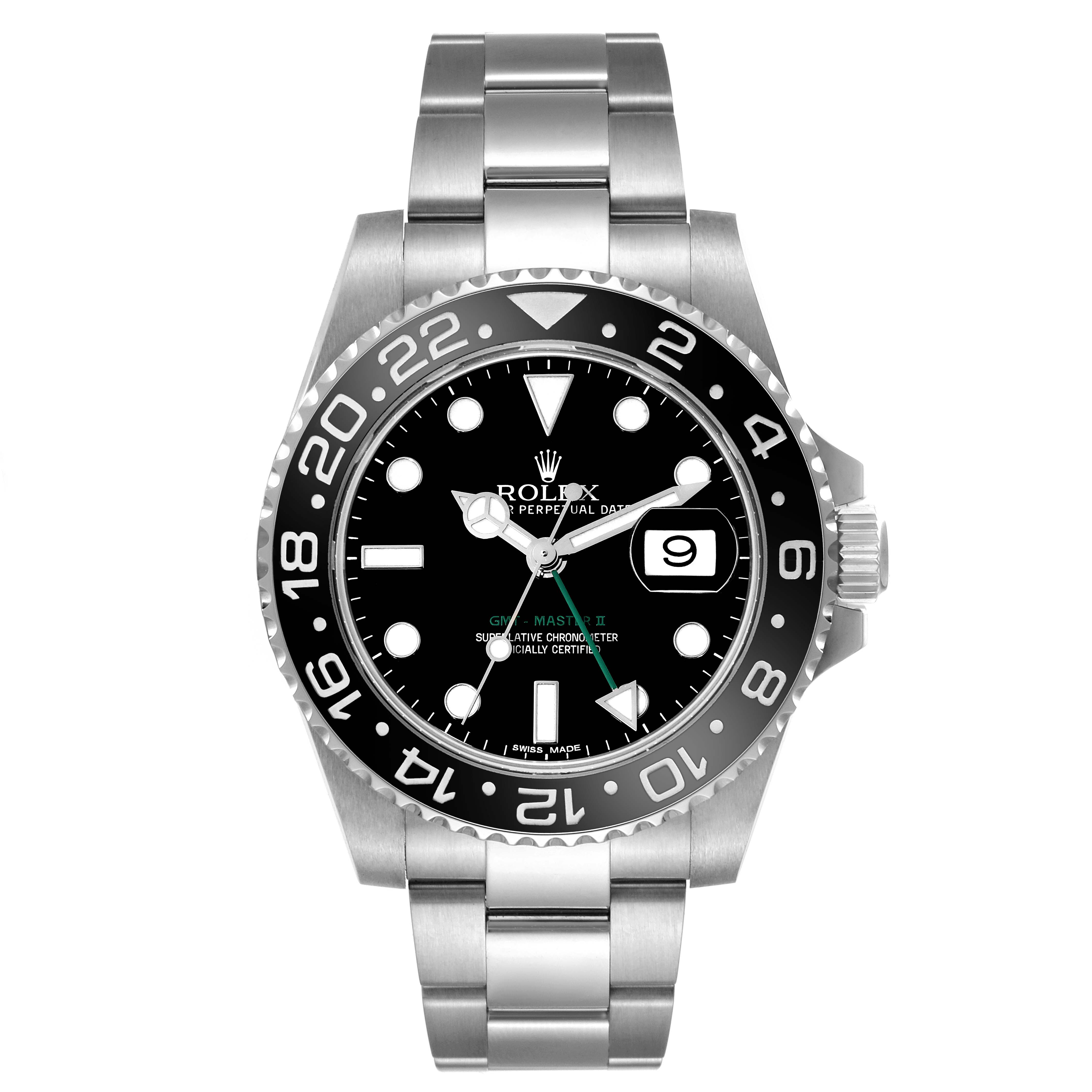 The image shows a front view of the Rolex GMT-Master 116710LN Men
s Stainless Steel Black Dial 116710LN Men
s Stainless Steel Black Dial II watch, highlighting its bezel, dial, and part of its bracelet.