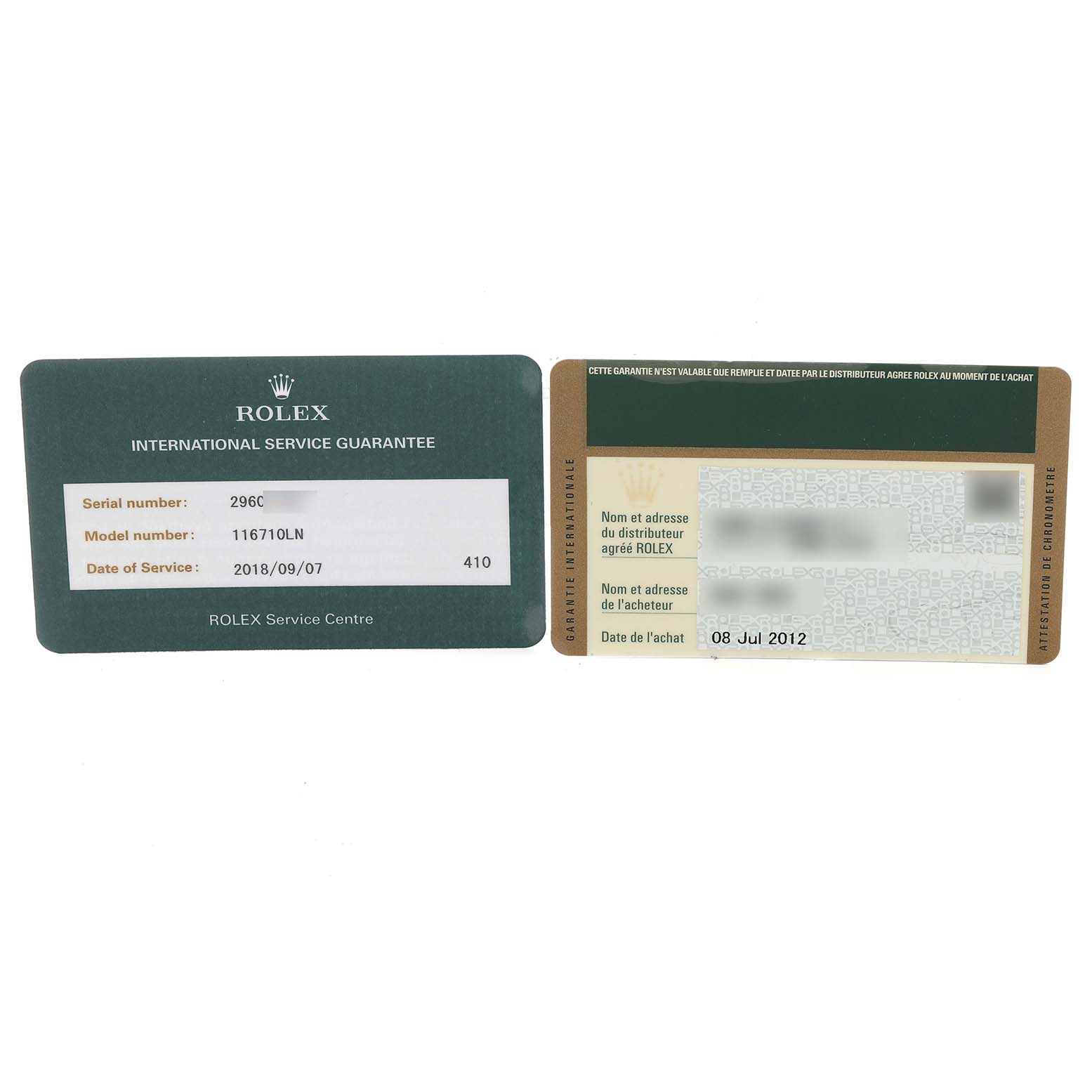 The image shows two cards: an International Service Guarantee card and a warranty card for a Rolex GMT-Master 116710LN Men
s Stainless Steel Black Dial 116710LN Men
s Stainless Steel Black Dial model 116710LN watch.