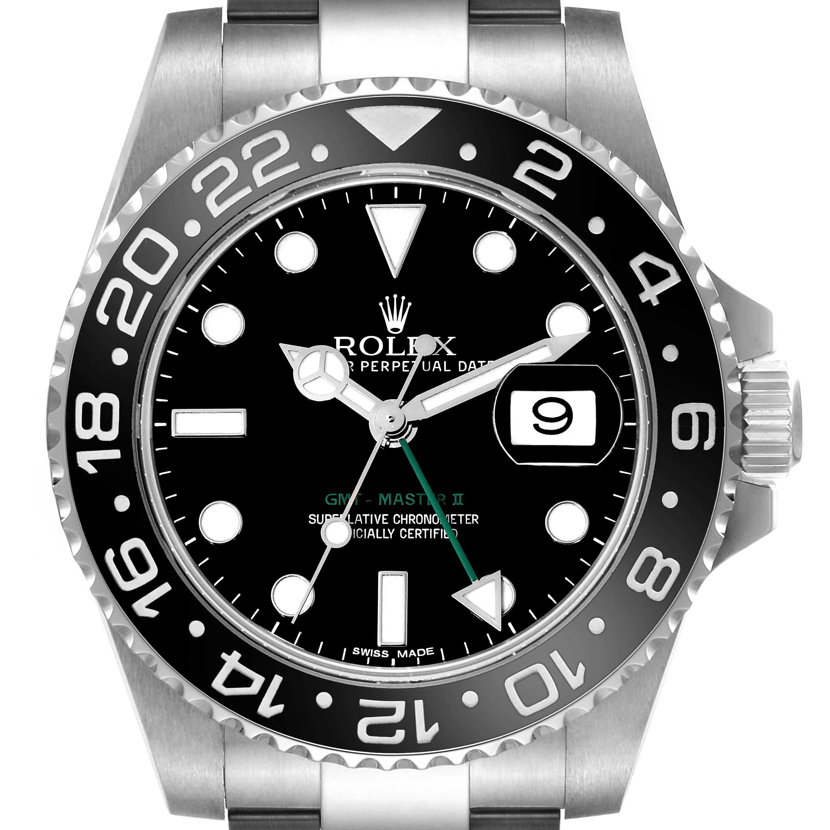 Rolex GMT Master II Black Dial Green Hand Steel Mens Watch 116710