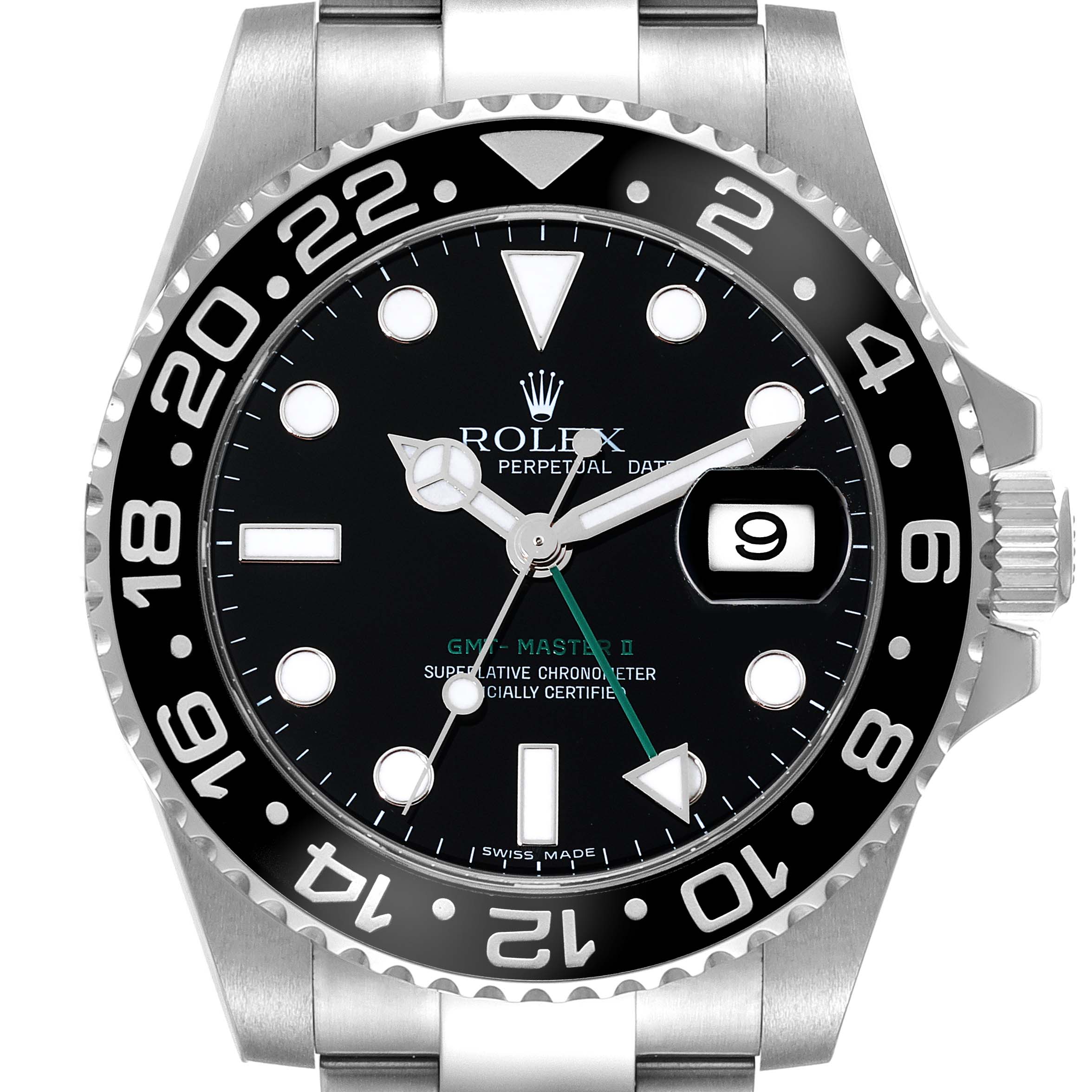 The image shows a front view of the Rolex GMT-Master 116710LN Men
s Stainless Steel Black Dial 116710LN Men
s Stainless Steel Black Dial II watch, highlighting the dial, bezel, hands, and date window.