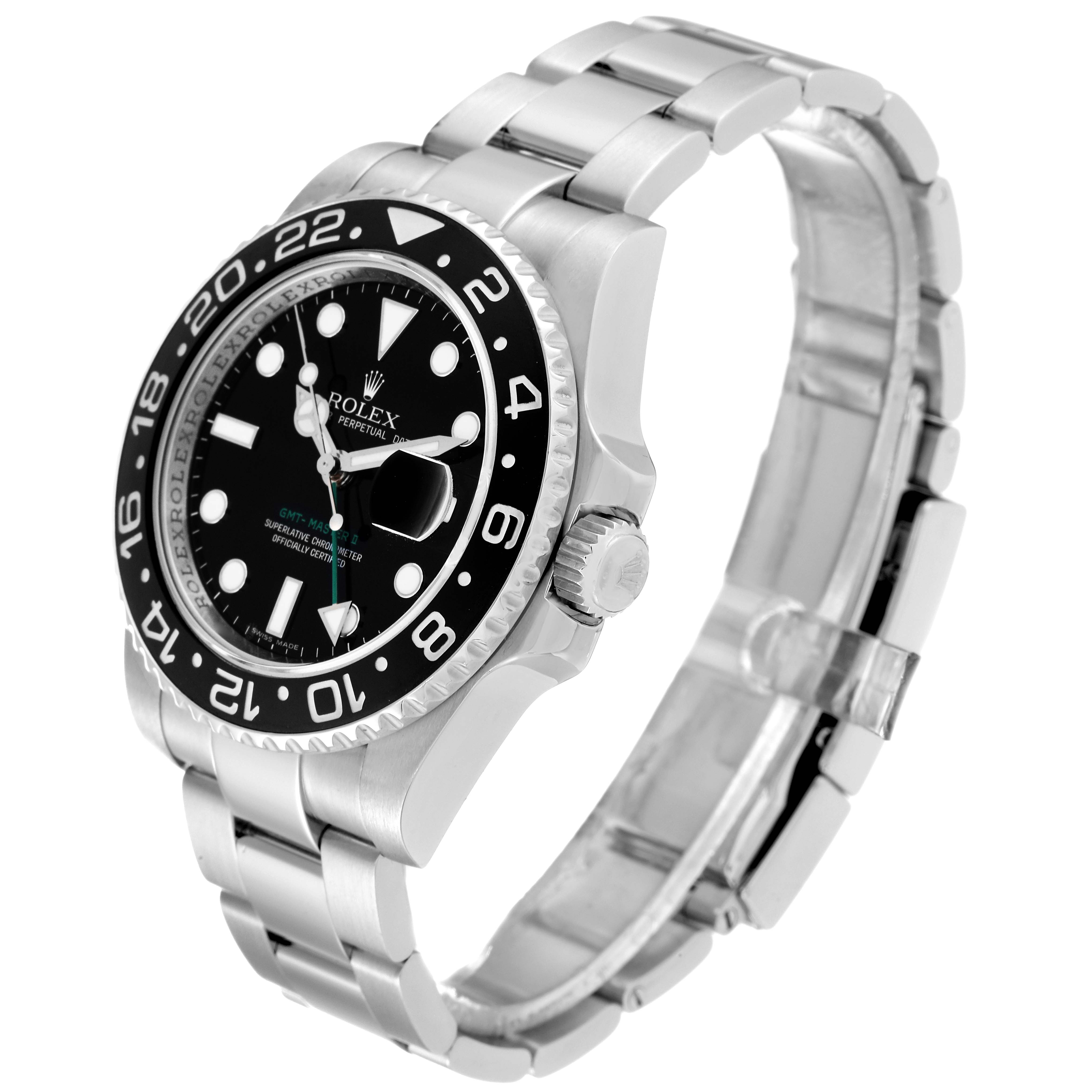 The image shows a side and slightly top angle view of a Rolex GMT-Master 116710LN Men
s Stainless Steel Black Dial 116710LN Men
s Stainless Steel Black Dial watch, displaying the bezel, dial, and part of the bracelet.