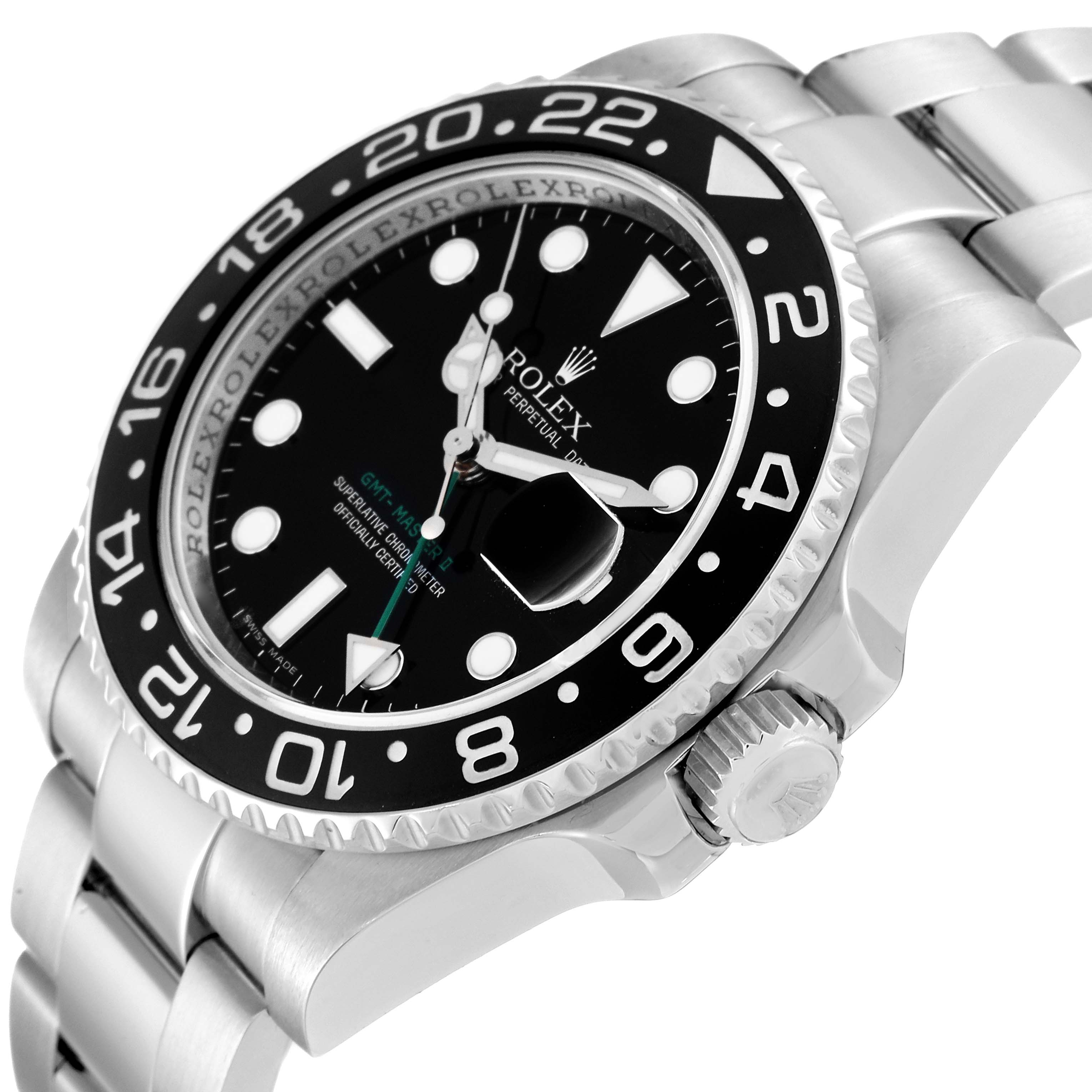 The image shows a Rolex GMT-Master 116710LN Men
s Stainless Steel Black Dial 116710LN Men
s Stainless Steel Black Dial watch angled to display the face, bezel, crown, and part of the bracelet.