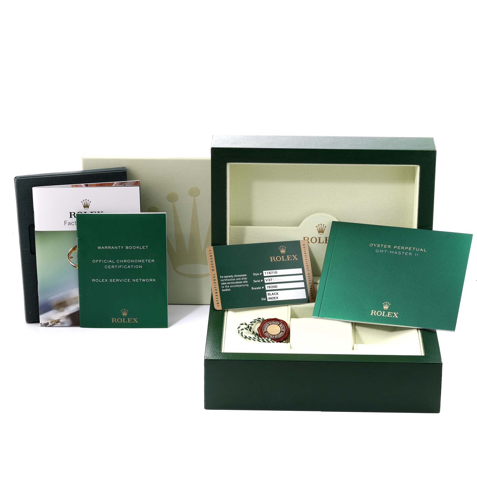 The image shows the packaging, warranty booklets, and certification card of a Rolex GMT-Master 116710LN Men
s Stainless Steel Black Dial 116710LN Men
s Stainless Steel Black Dial watch.