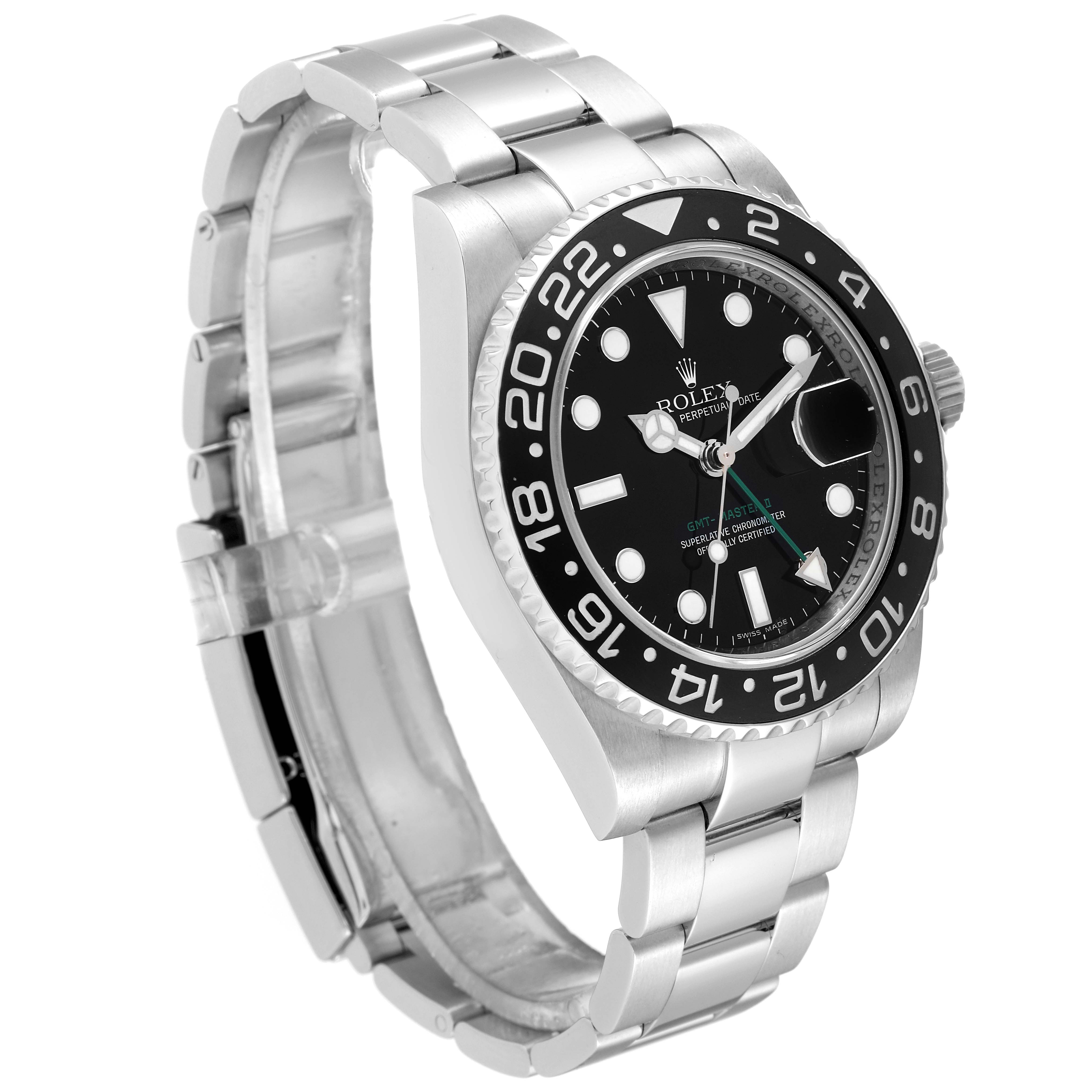 The image shows a side view of a Rolex GMT-Master 116710LN Men
s Stainless Steel Black Dial 116710LN Men
s Stainless Steel Black Dial watch highlighting its bracelet, bezel, dial, and crown.
