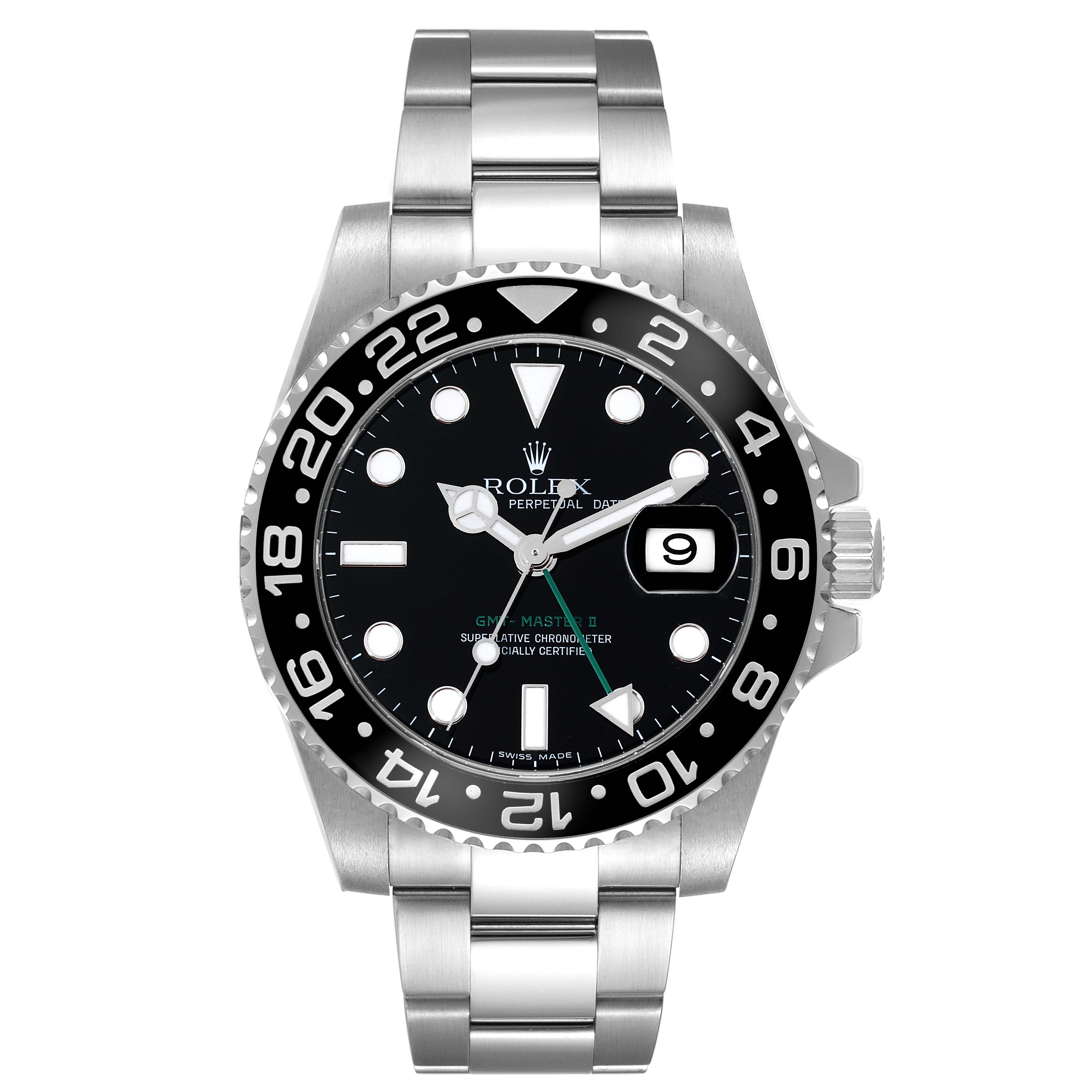This image shows a front view of a Rolex GMT-Master 116710LN Men
s Stainless Steel Black Dial 116710LN Men
s Stainless Steel Black Dial watch, displaying the dial, bezel, crown, and bracelet.