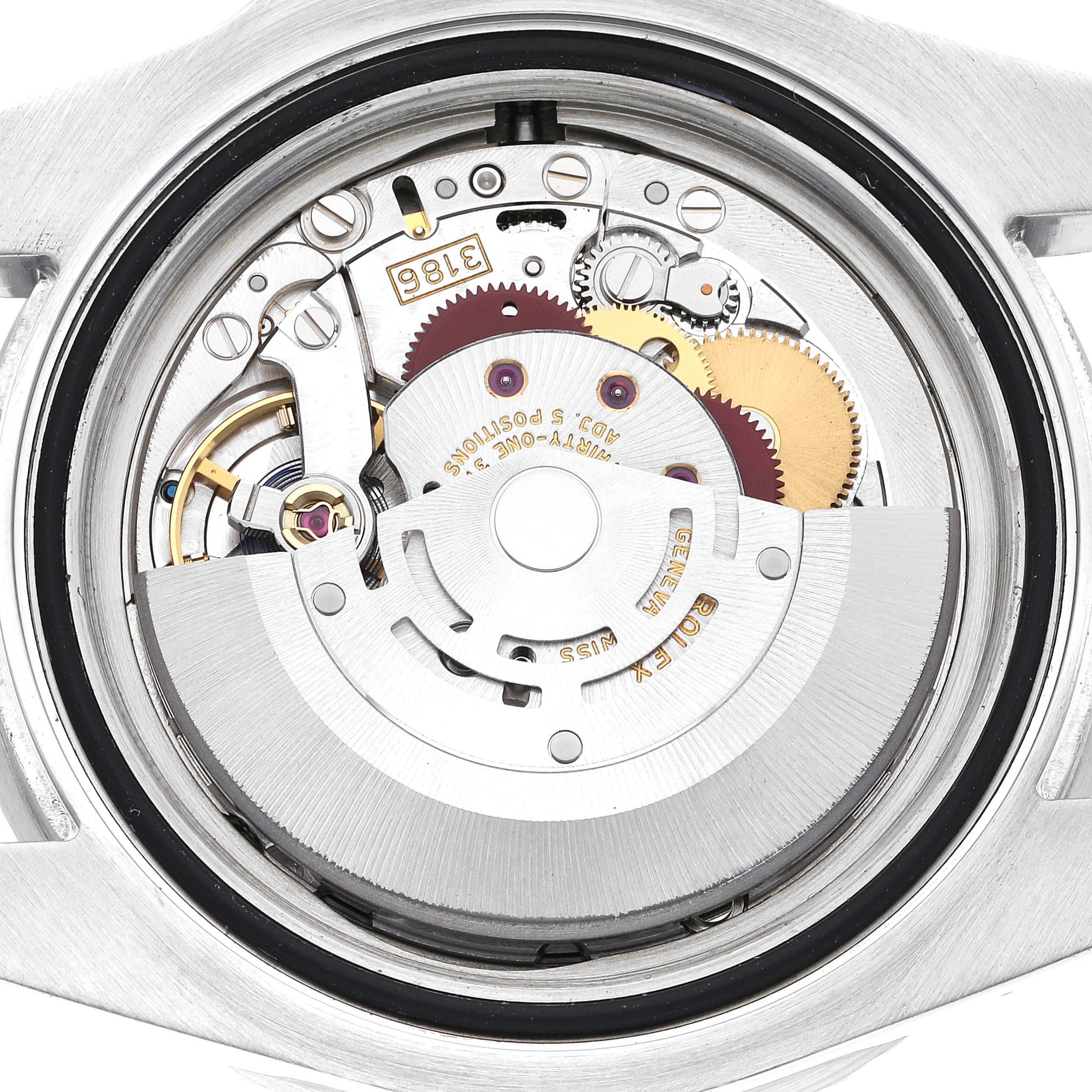 This image shows the back view of the Rolex GMT-Master 116710LN Men
s Stainless Steel Black Dial 116710LN Men
s Stainless Steel Black Dial, revealing its intricate movement mechanism.