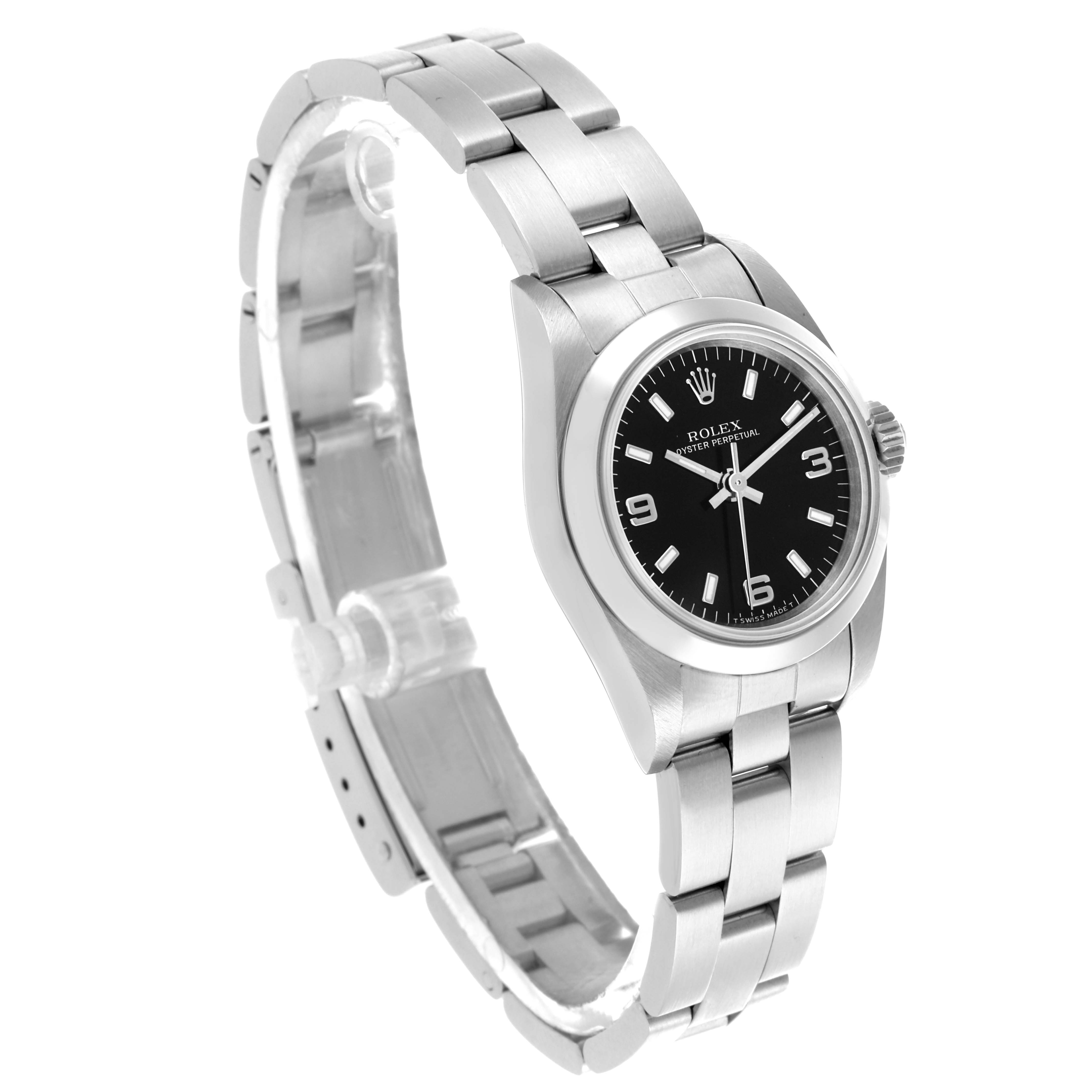The Rolex Oyster Perpetual 67180 Women's Stainless Steel Black Dial 67180 Women's Stainless Steel Black Dial watch is shown from an angled side perspective, displaying the face, bezel, and bracelet.