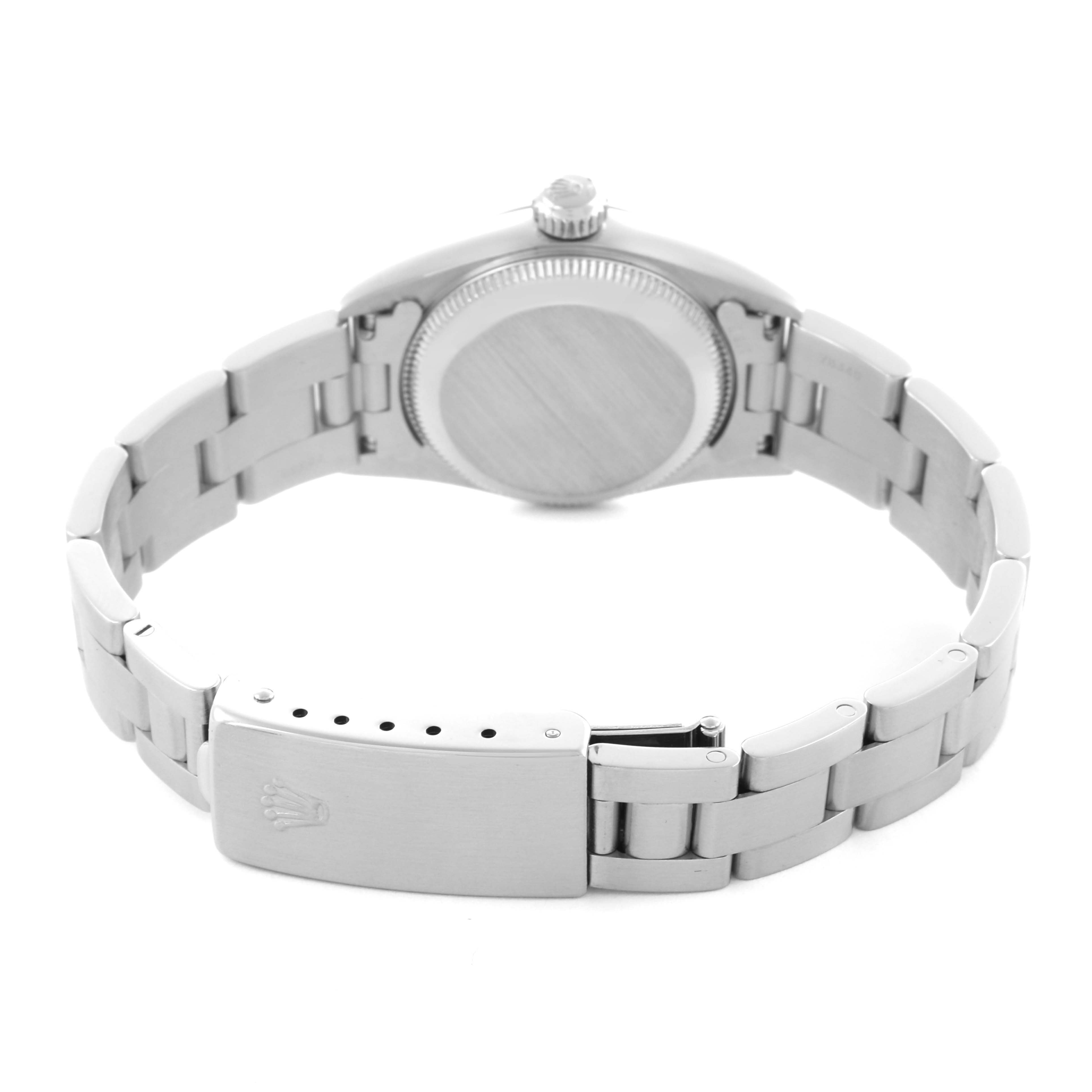 The image shows the backside and clasp of the Rolex Oyster Perpetual 67180 Women's Stainless Steel Black Dial 67180 Women's Stainless Steel Black Dial watch, highlighting the bracelet and case back.