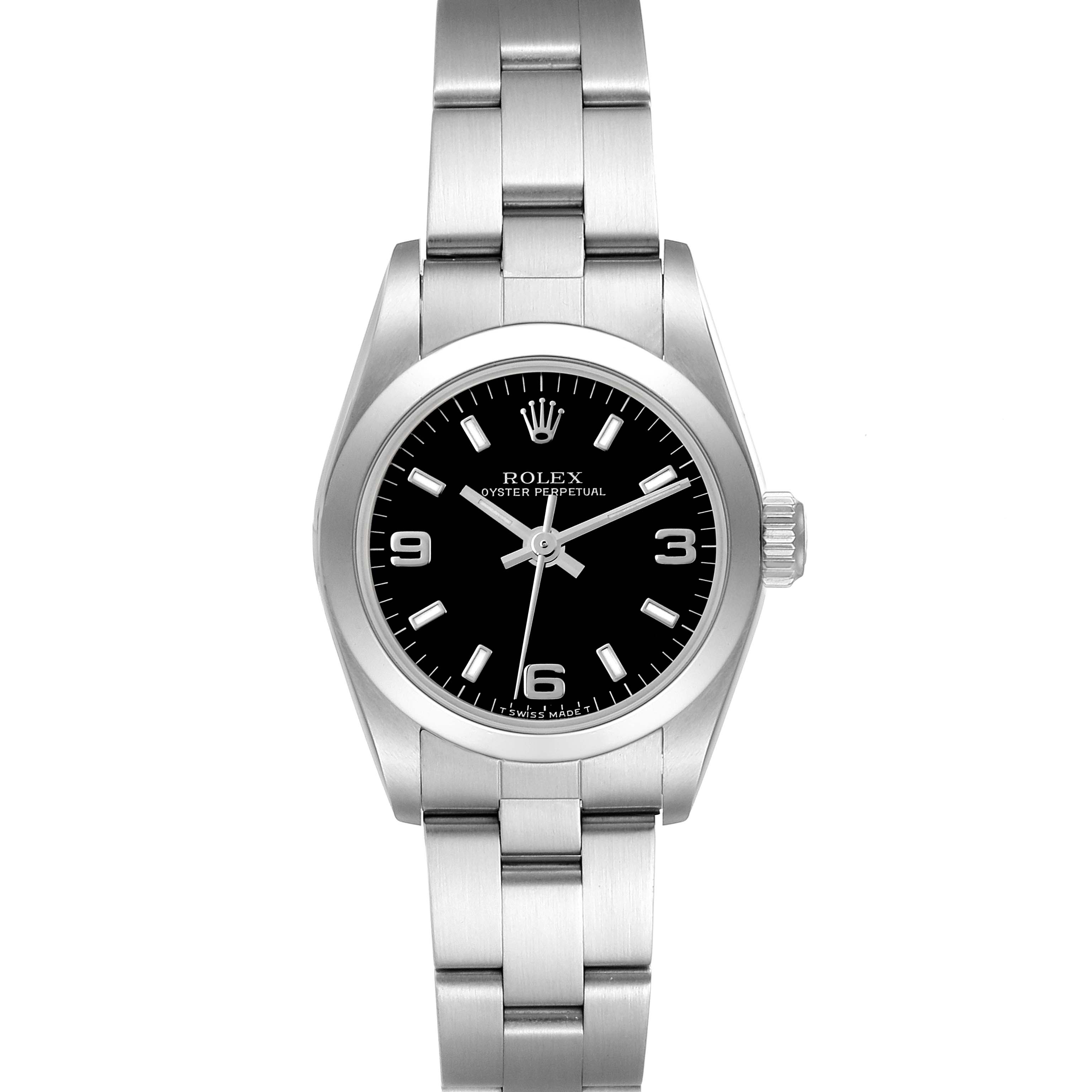 The Rolex Oyster Perpetual 67180 Women's Stainless Steel Black Dial 67180 Women's Stainless Steel Black Dial watch is shown from a front view, highlighting the dial, bezel, and bracelet.