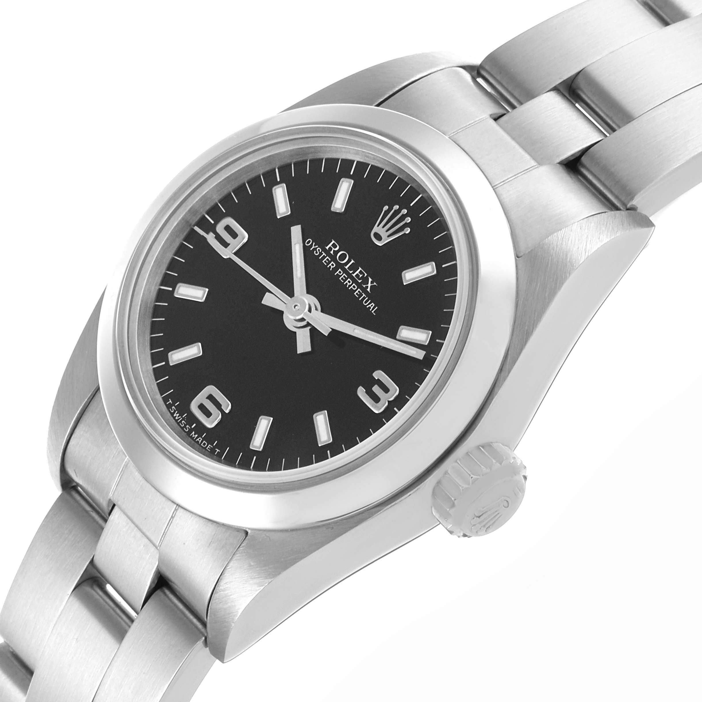 The image shows a side angle of a Rolex Oyster Perpetual 67180 Women's Stainless Steel Black Dial 67180 Women's Stainless Steel Black Dial watch, highlighting the dial, bezel, crown, and part of the bracelet.
