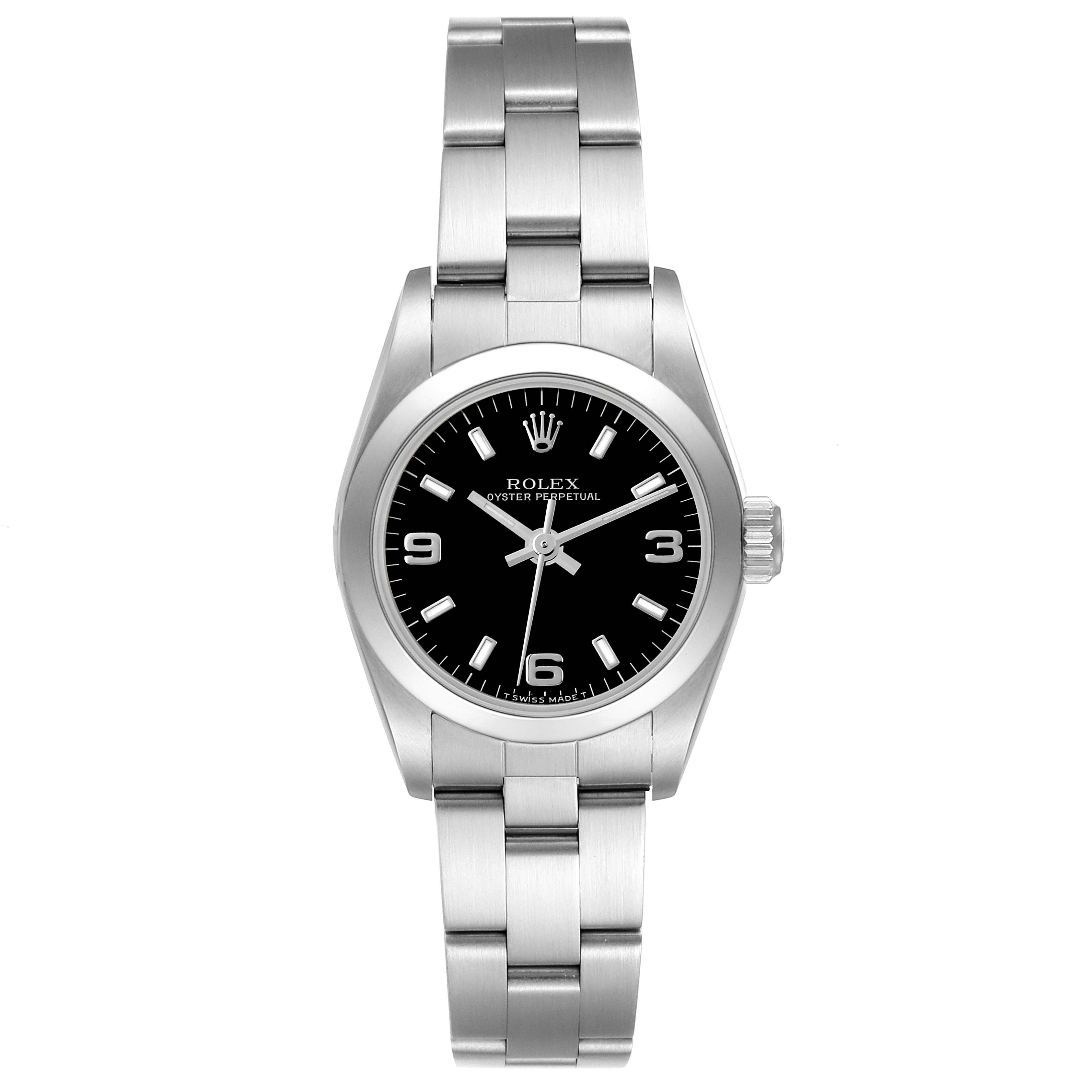 The Rolex Oyster Perpetual 67180 Women's Stainless Steel Black Dial 67180 Women's Stainless Steel Black Dial watch is shown from a top-down angle, displaying the entire face, bezel, and bracelet.