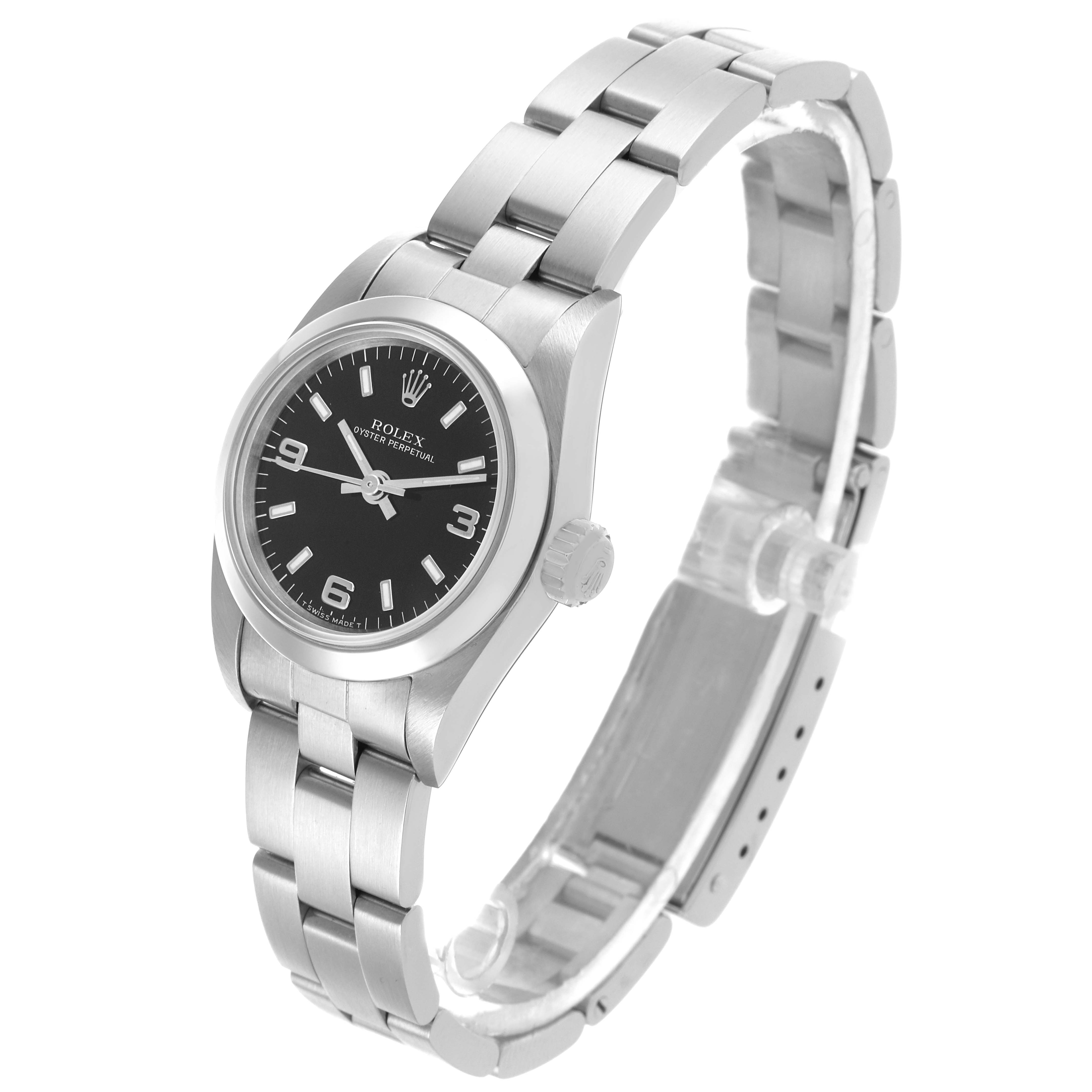 The Rolex Oyster Perpetual 67180 Women's Stainless Steel Black Dial 67180 Women's Stainless Steel Black Dial watch is shown at a slight angle, displaying the face, bezel, crown, and bracelet.