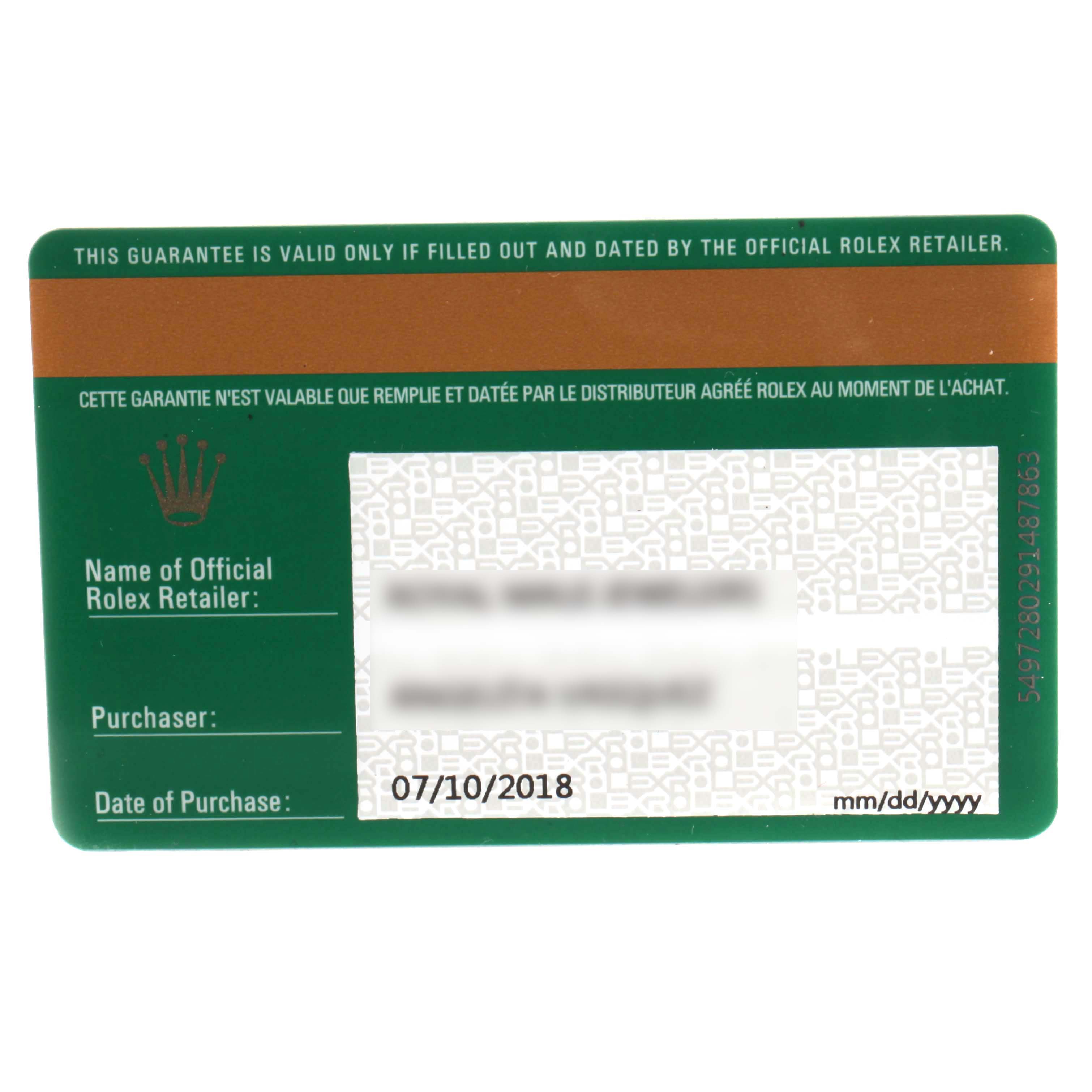 This is a warranty card for a Rolex Mid-Size 177200 Women
s Stainless Steel Blue Dial 177200 Women
s Stainless Steel Blue Dial model watch, showing purchase and retailer details.