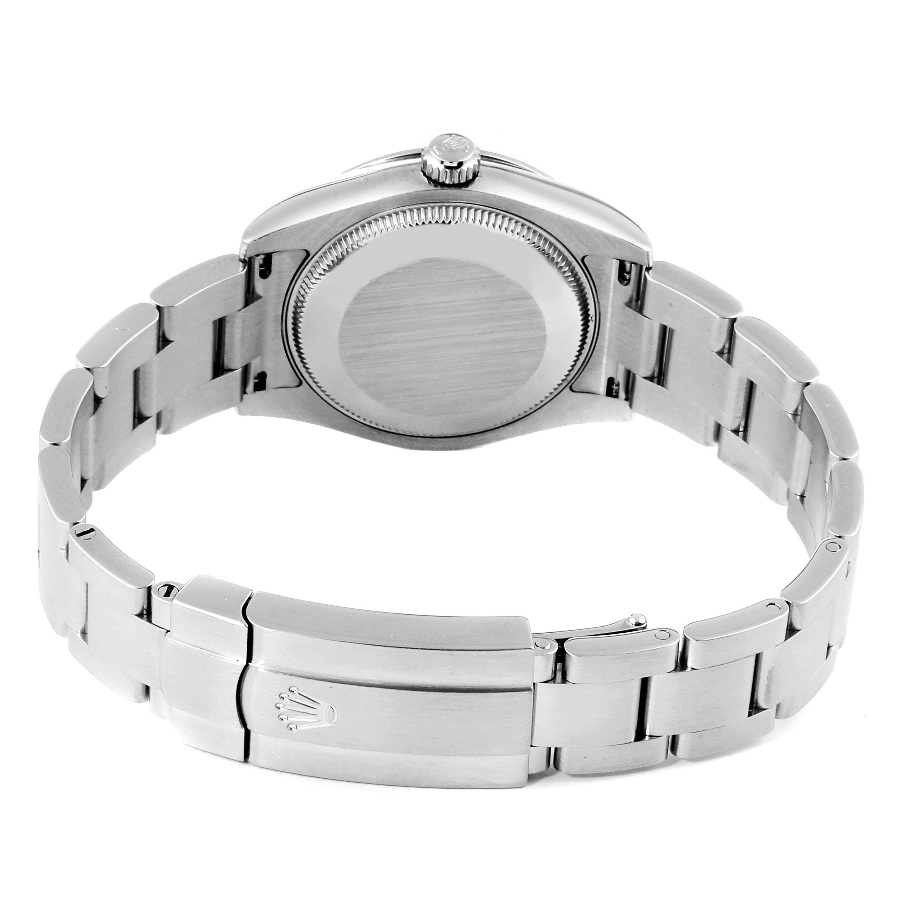 The image displays the back side and bracelet of a Rolex Mid-Size 177200 Women
s Stainless Steel Blue Dial 177200 Women
s Stainless Steel Blue Dial watch, highlighting the clasp and caseback.