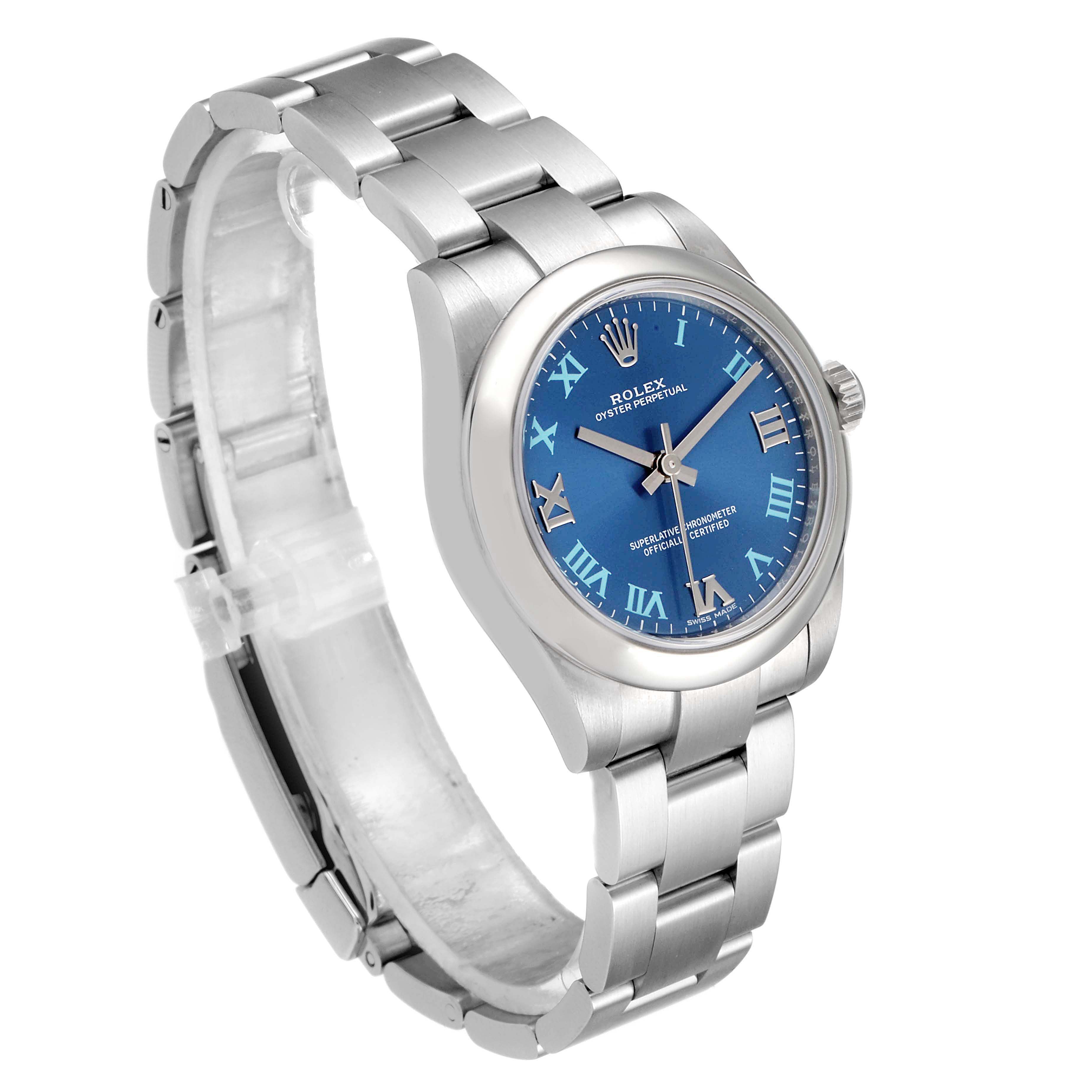 The Rolex Mid-Size 177200 Women
s Stainless Steel Blue Dial 177200 Women
s Stainless Steel Blue Dial watch is shown at a slightly elevated angle, displaying its dial, bezel, bracelet, and clasp.