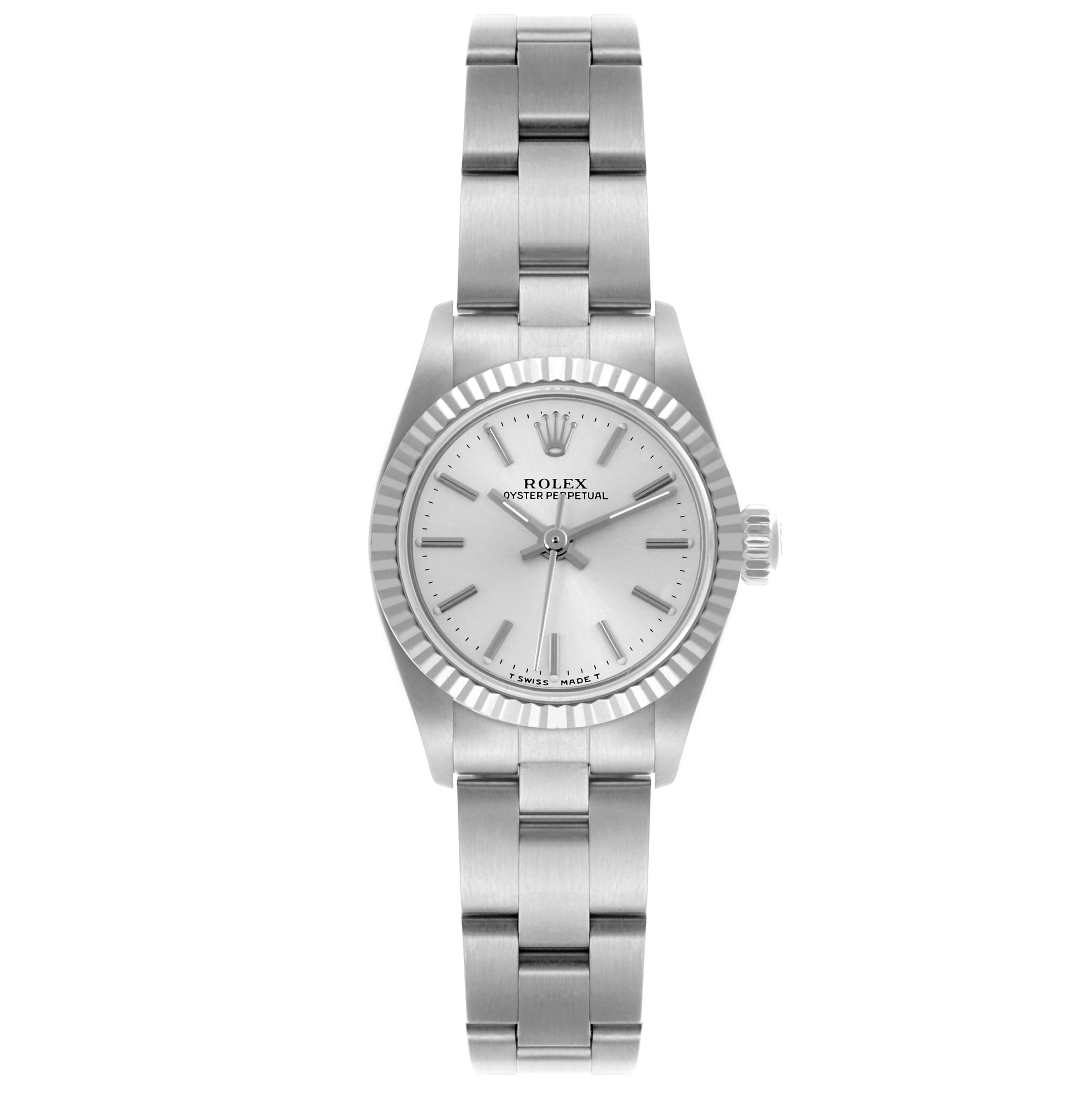 The Rolex Oyster Perpetual 67194 Women's Stainless Steel Silver Dial 67194 Women's Stainless Steel Silver Dial watch is shown from the front, displaying the bracelet, dial, bezel, and crown.