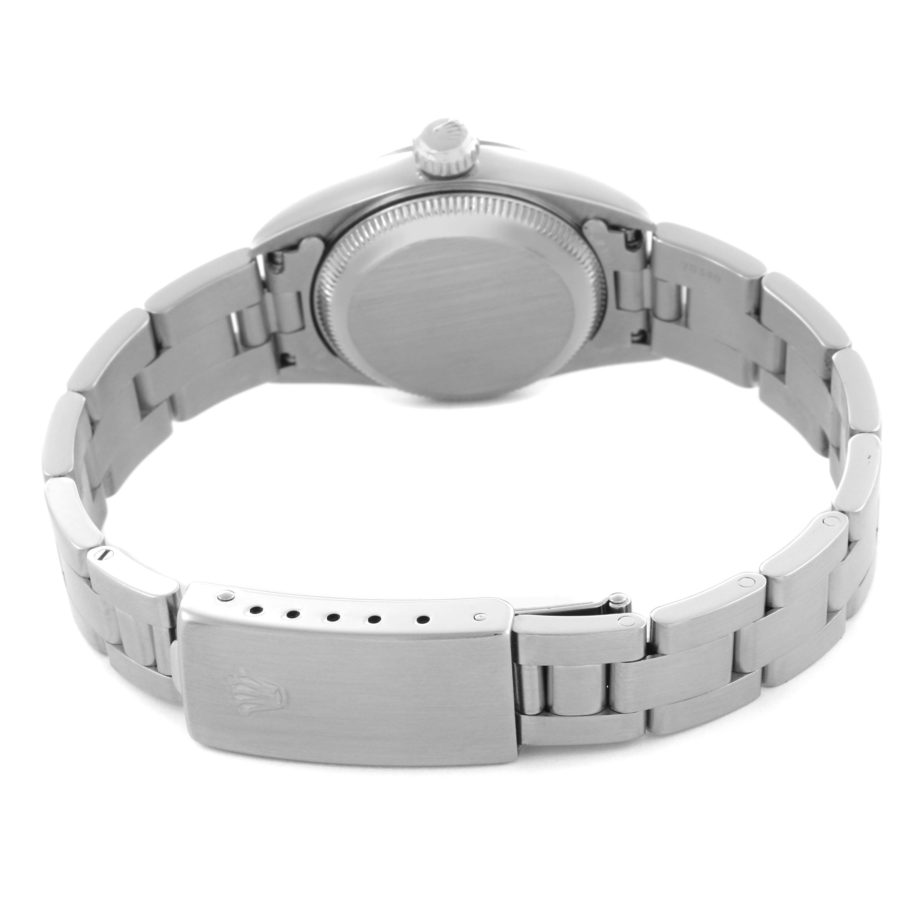 The image shows the back of a Rolex Oyster Perpetual 67194 Women's Stainless Steel Silver Dial 67194 Women's Stainless Steel Silver Dial watch, highlighting the bracelet, clasp, and caseback.