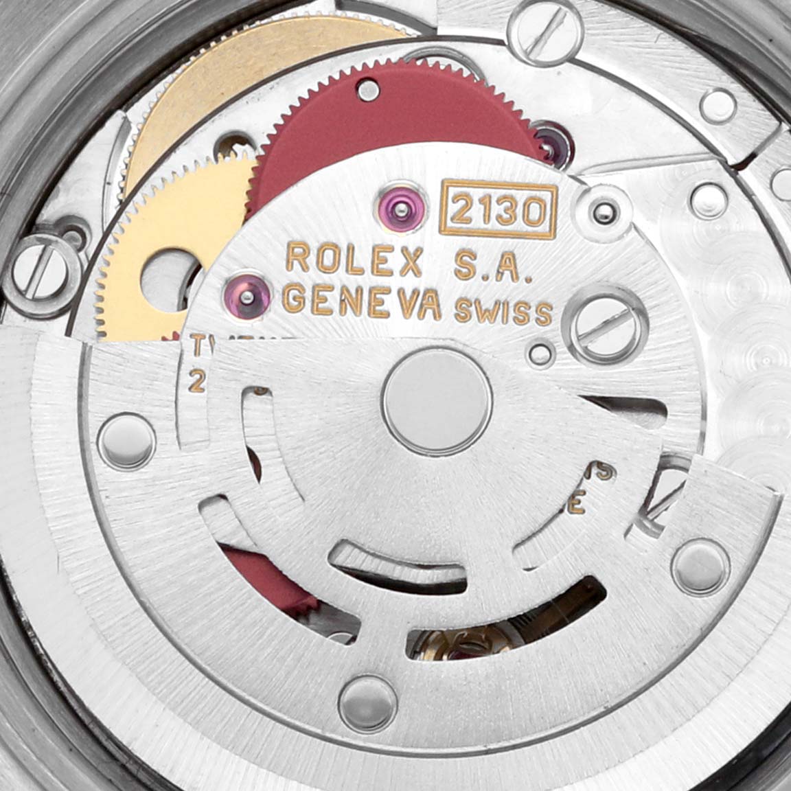 The image shows the internal movement mechanism of the Rolex Oyster Perpetual 67194 Women's Stainless Steel Silver Dial 67194 Women's Stainless Steel Silver Dial watch from a close-up angle.