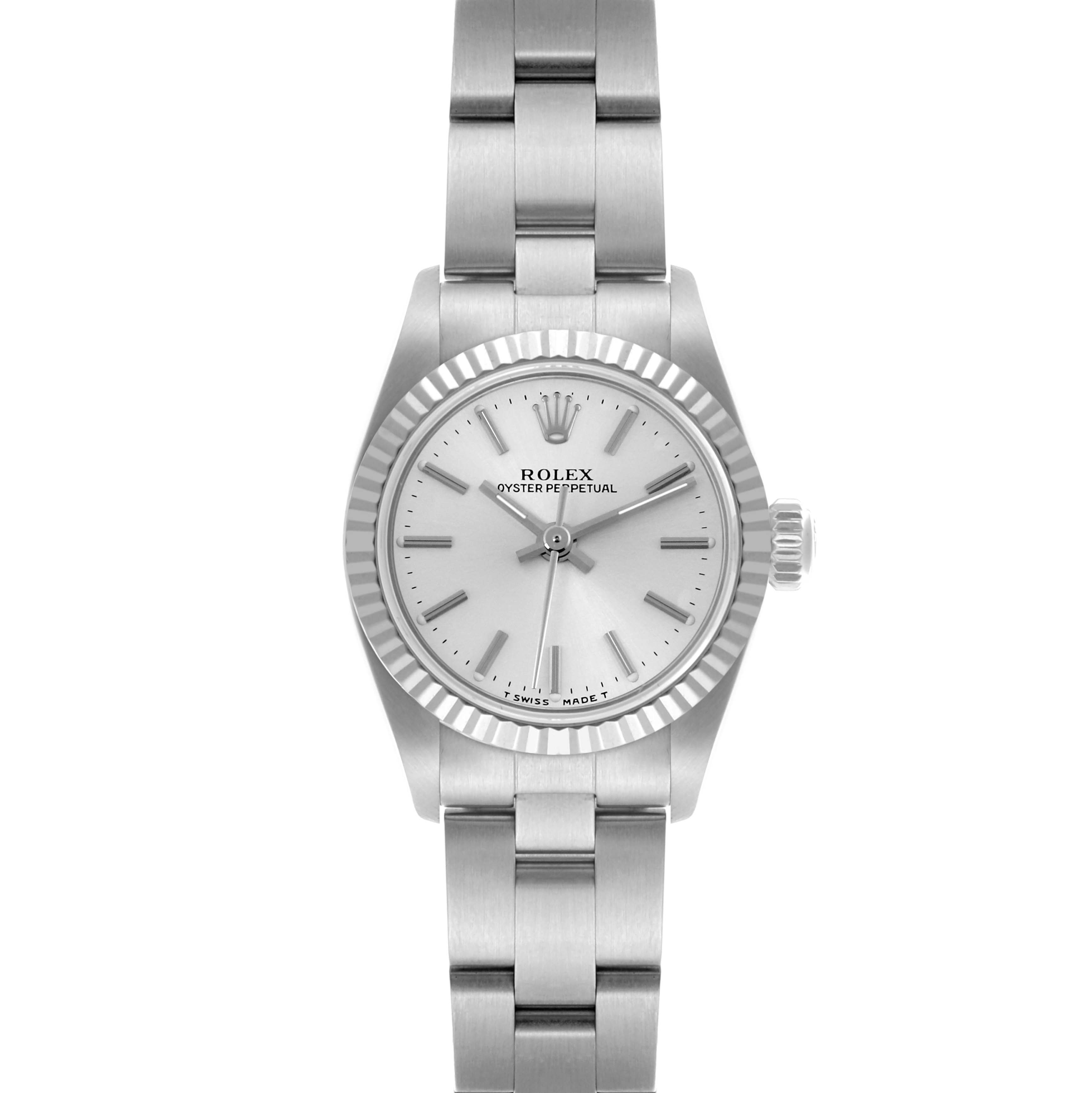 The Rolex Oyster Perpetual 67194 Women's Stainless Steel Silver Dial 67194 Women's Stainless Steel Silver Dial watch is shown from a front angle, displaying the dial, bezel, crown, and bracelet.