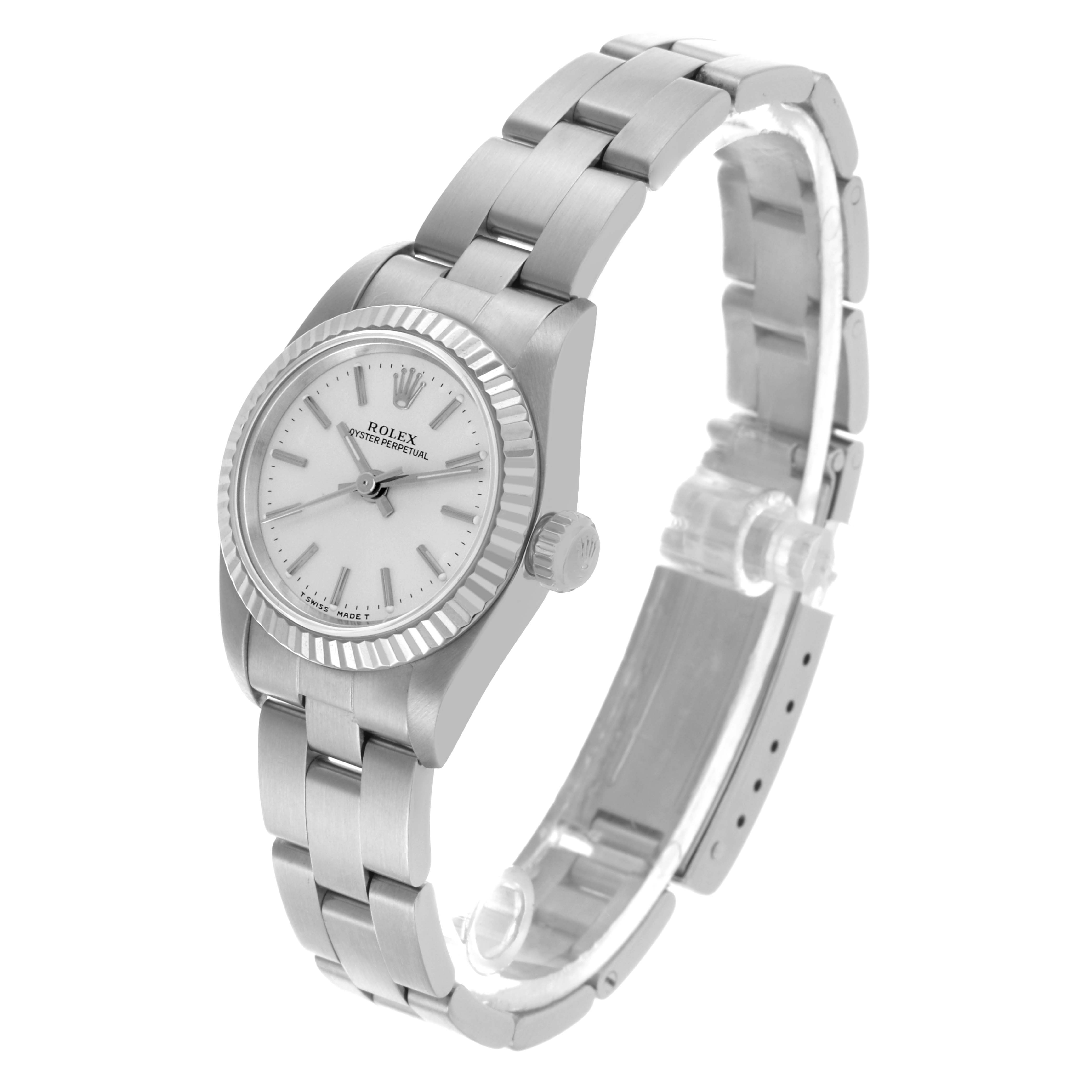 The Rolex Oyster Perpetual 67194 Women's Stainless Steel Silver Dial 67194 Women's Stainless Steel Silver Dial watch is shown at a front angle, displaying the face, bezel, crown, and part of the bracelet.