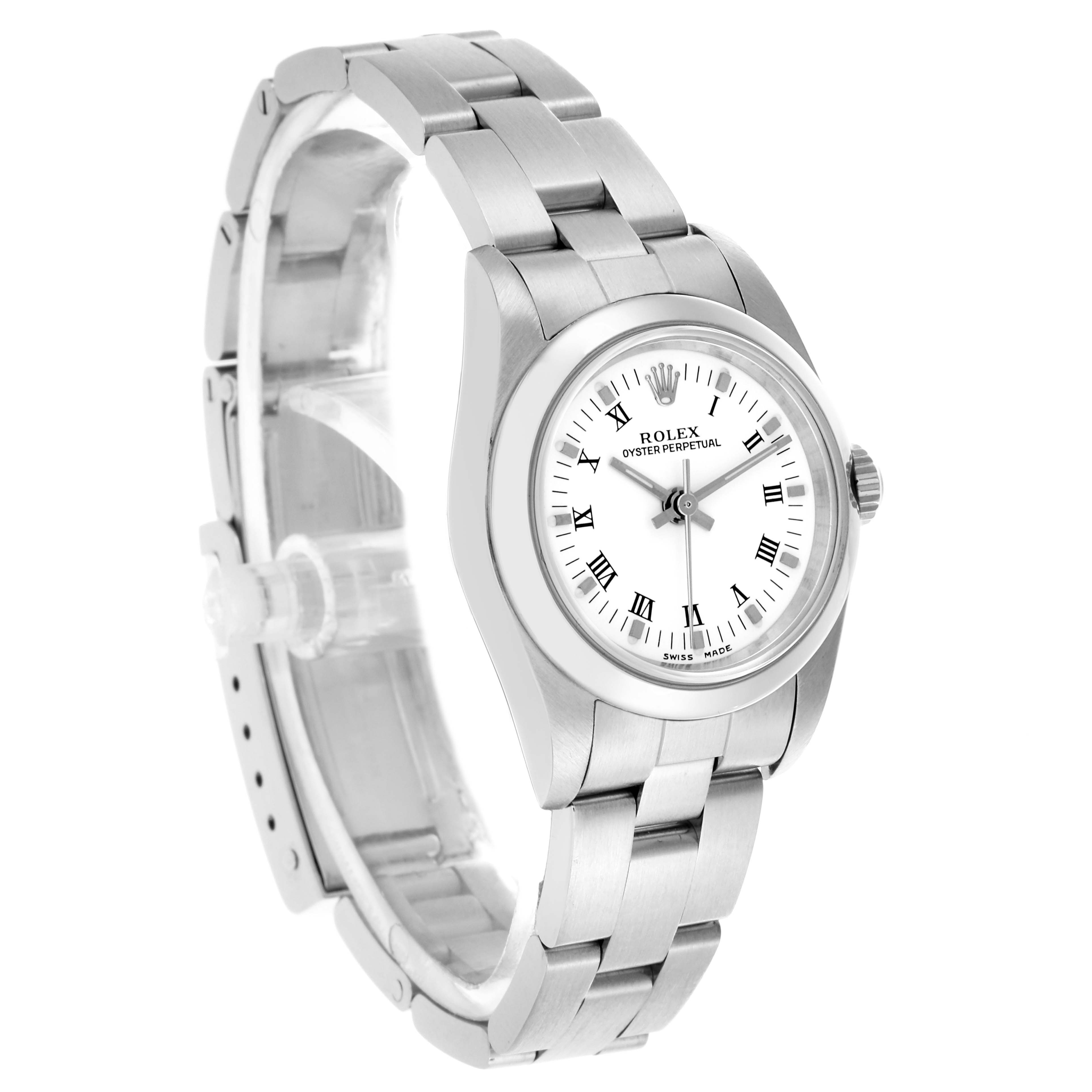 The Rolex Oyster Perpetual 24 Women's Stainless Steel White Dial 24 Women's Stainless Steel White Dial watch is shown at a three-quarter angle, displaying the face, bezel, and bracelet.