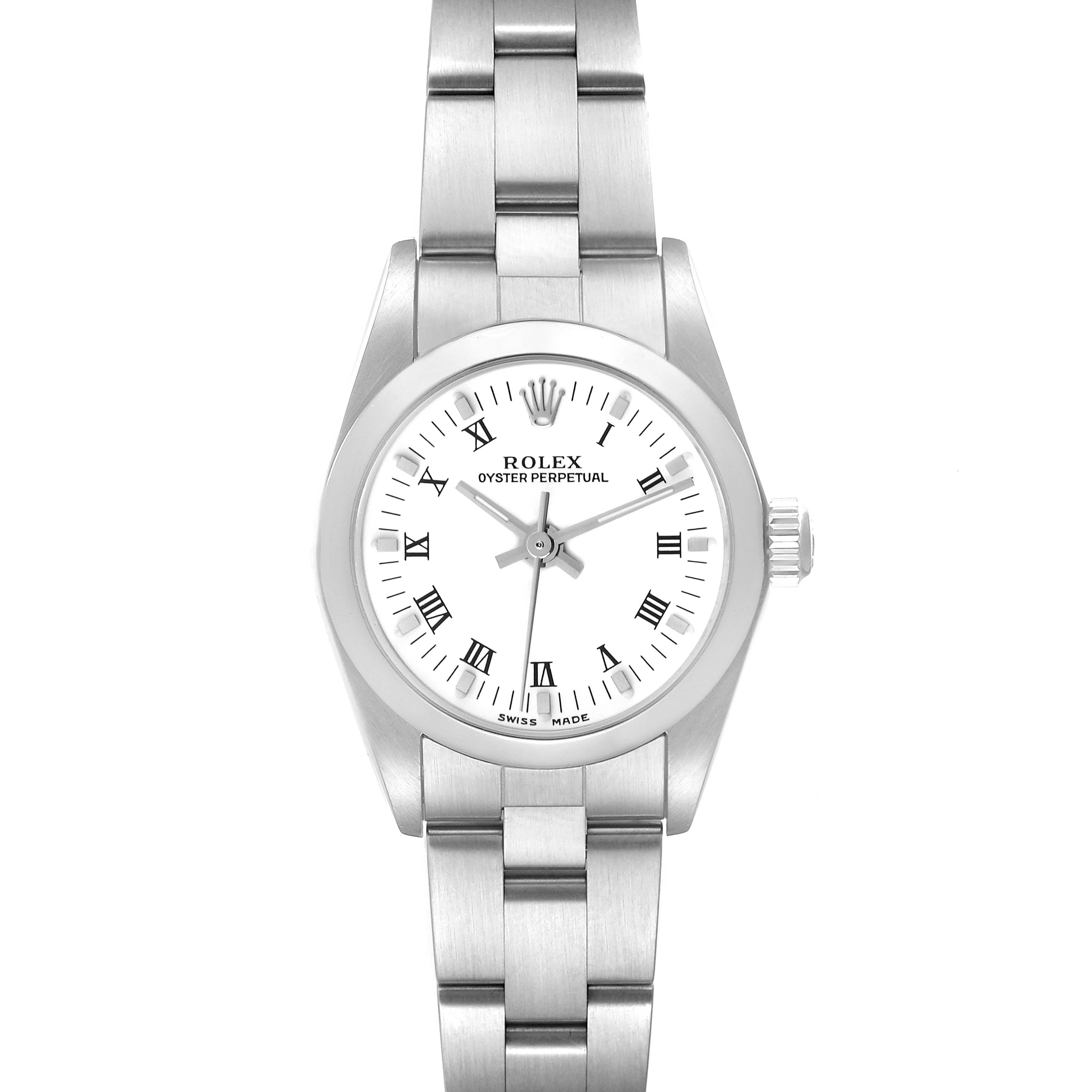 The Rolex Oyster Perpetual 24 Women's Stainless Steel White Dial 24 Women's Stainless Steel White Dial watch is shown from a top-down angle, displaying the face, bracelet, and bezel.
