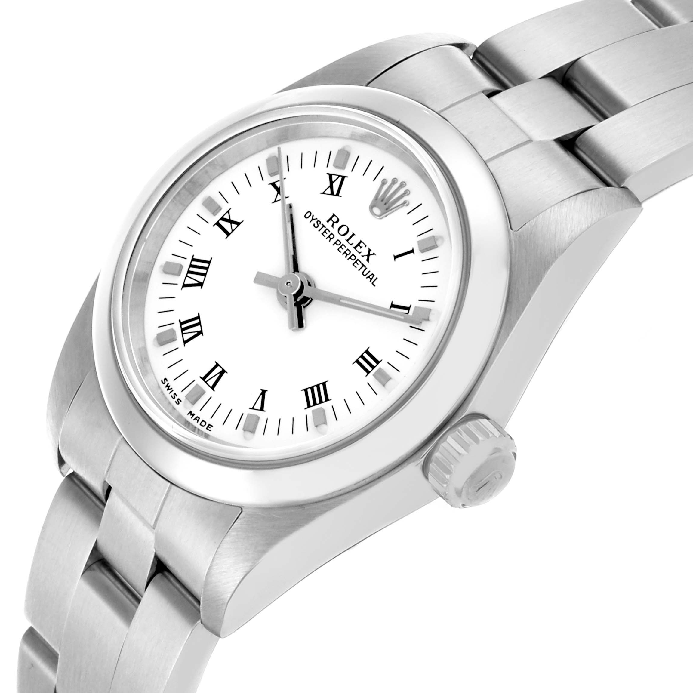The Rolex Oyster Perpetual 24 Women's Stainless Steel White Dial 24 Women's Stainless Steel White Dial watch is shown at a side angle, displaying the dial, crown, and bracelet.