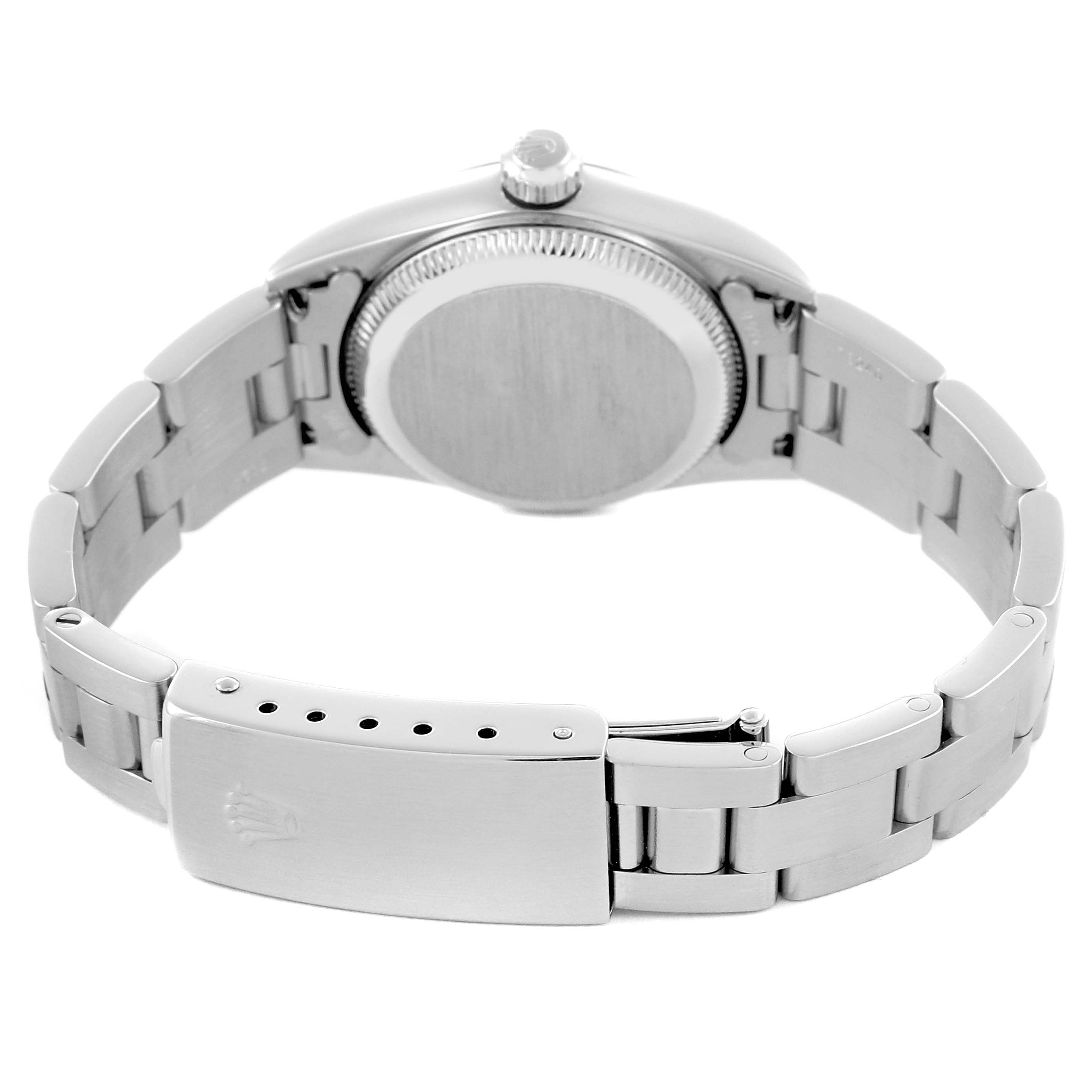 The image shows the back of a Rolex Oyster Perpetual 24 Women's Stainless Steel White Dial 24 Women's Stainless Steel White Dial watch, highlighting the clasp and bracelet links.