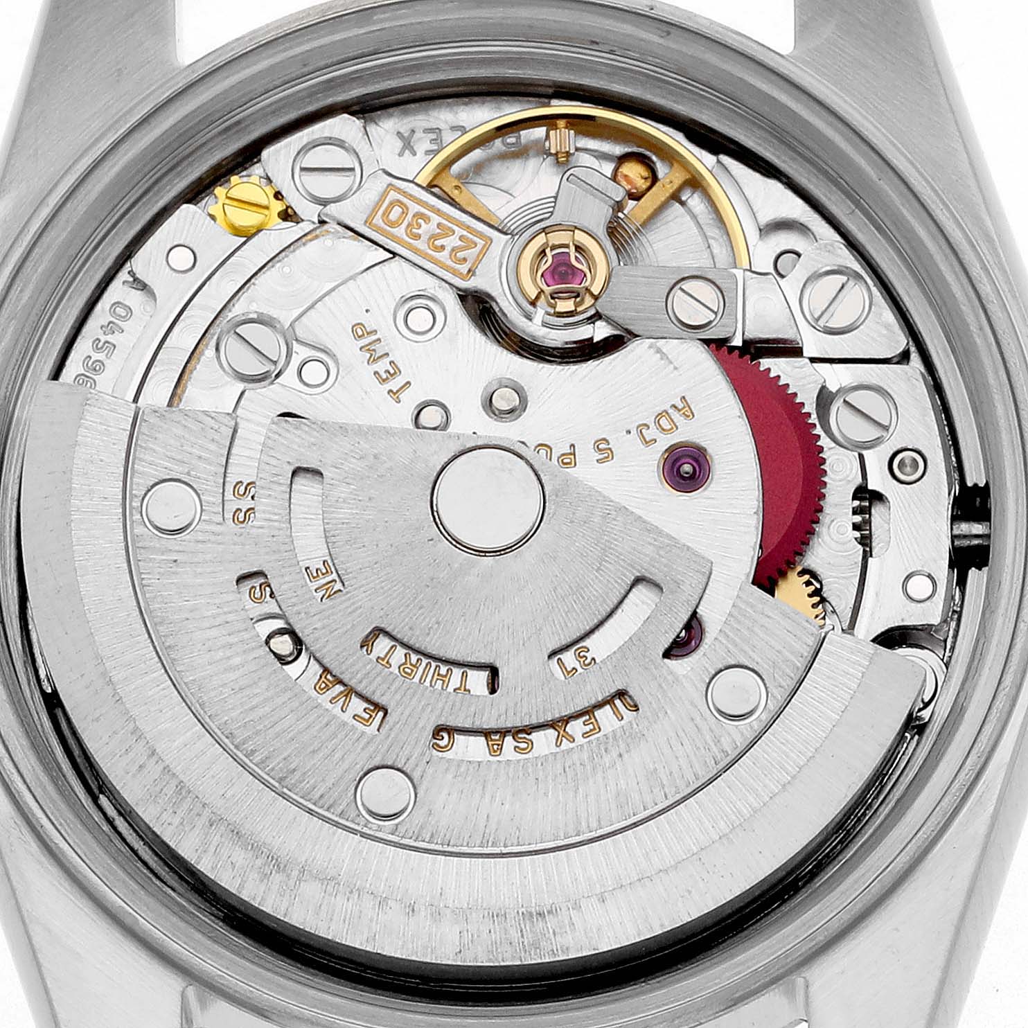 The image shows the inner mechanism of a Rolex Oyster Perpetual 24 Women's Stainless Steel White Dial 24 Women's Stainless Steel White Dial, highlighting the rotor and gear components.