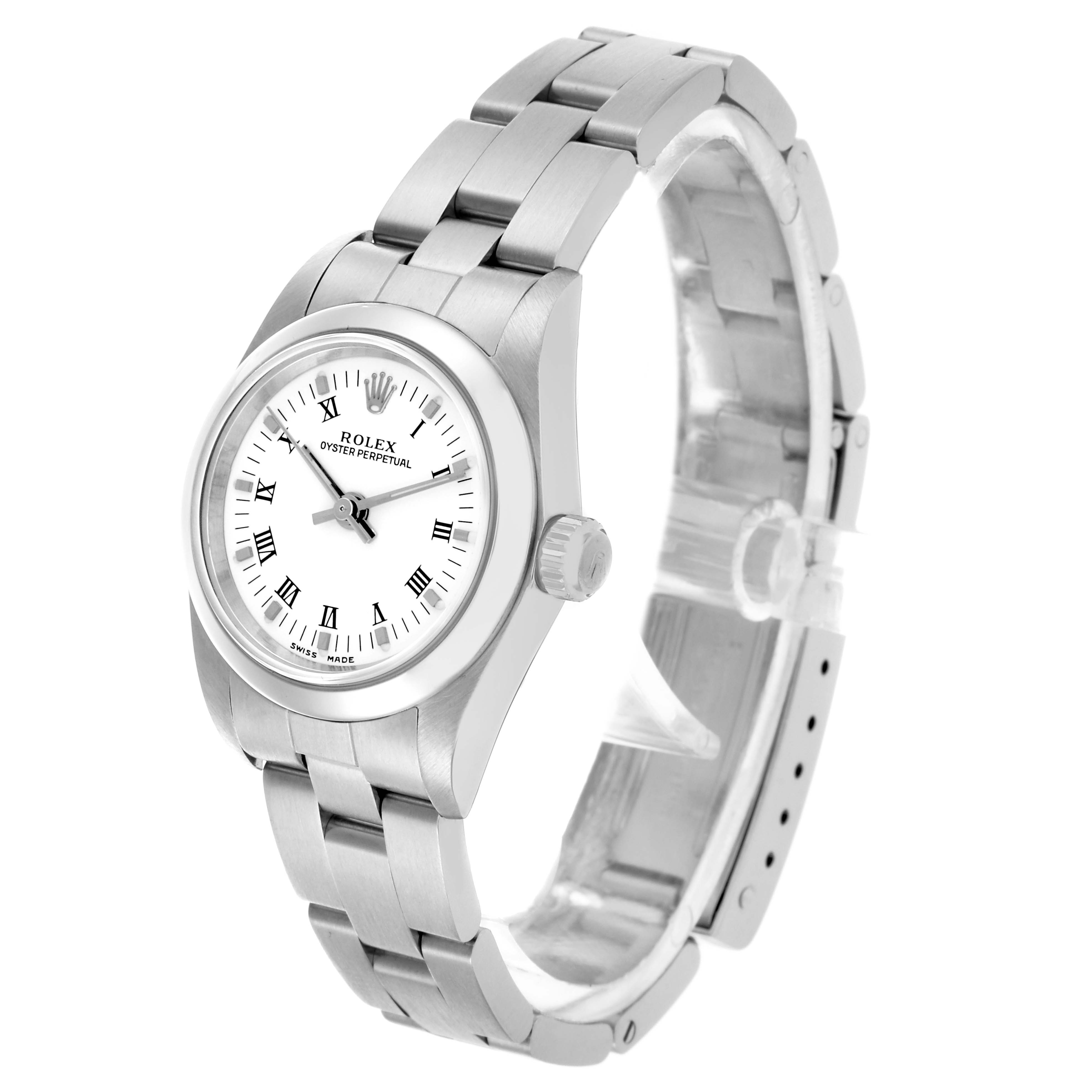 The Rolex Oyster Perpetual 24 Women's Stainless Steel White Dial 24 Women's Stainless Steel White Dial watch is shown from a three-quarter angle, displaying the face, bracelet, and crown.