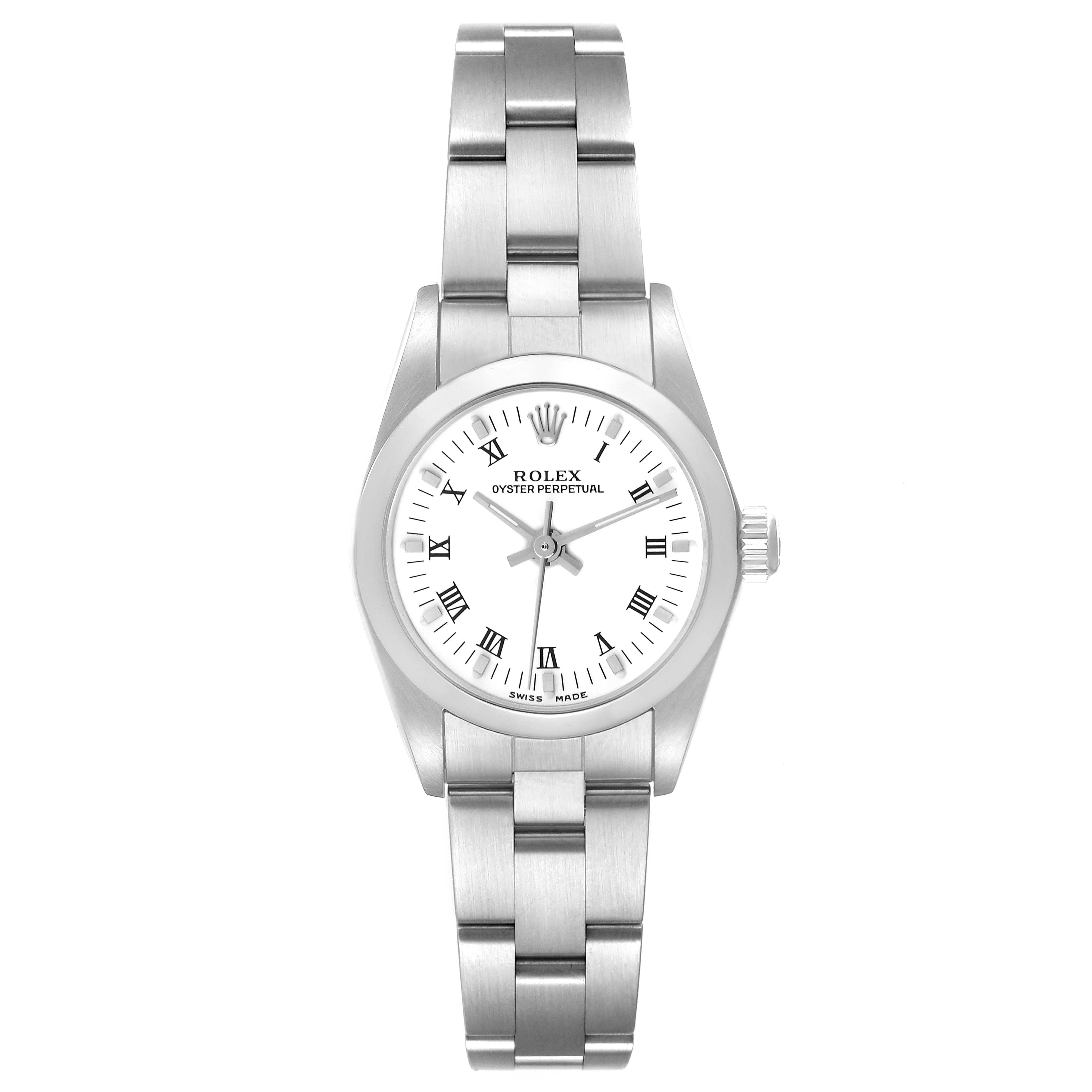 This Rolex Oyster Perpetual 24 Women's Stainless Steel White Dial 24 Women's Stainless Steel White Dial watch is shown from a top-down angle, displaying the full face, hour markers, hands, and metal bracelet.