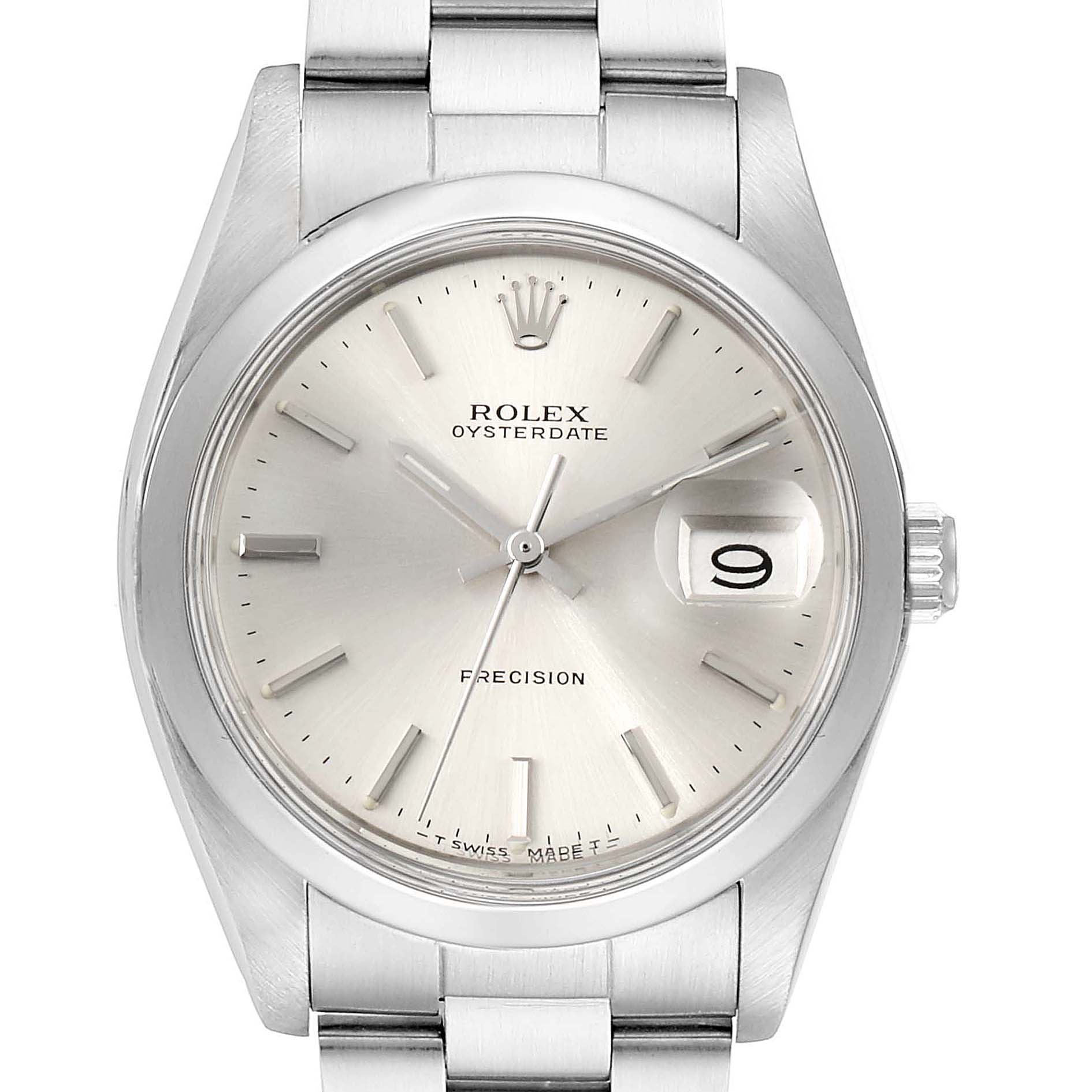 The image shows a front view of a Rolex Vintage Collection 6694 Men's Stainless Steel Silver Dial 6694 Men's Stainless Steel Silver Dial Oysterdate watch, highlighting the dial, bracelet, and date window.