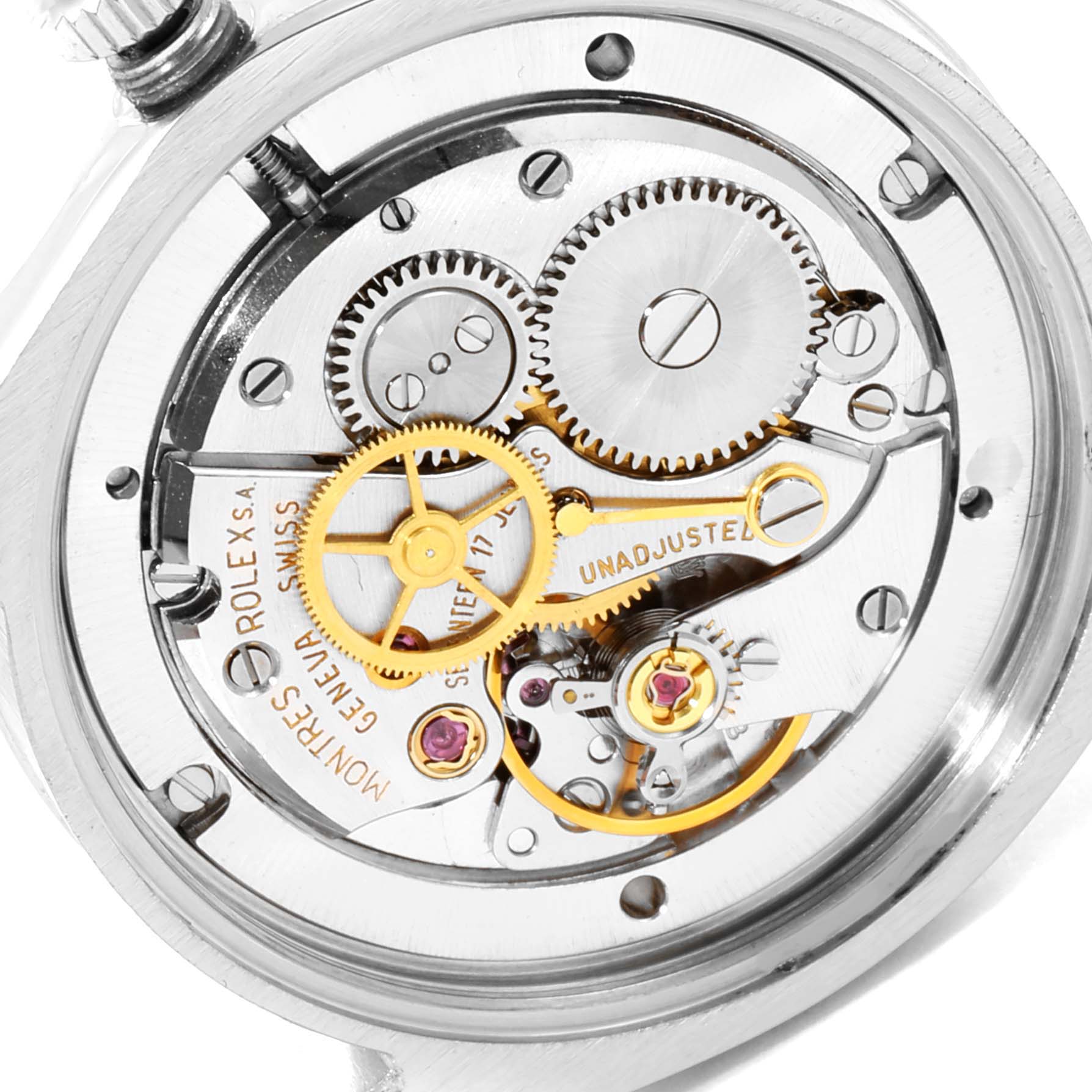 The image shows the inner mechanical movement of a Rolex Vintage Collection 6694 Men's Stainless Steel Silver Dial 6694 Men's Stainless Steel Silver Dial watch from a back case view.