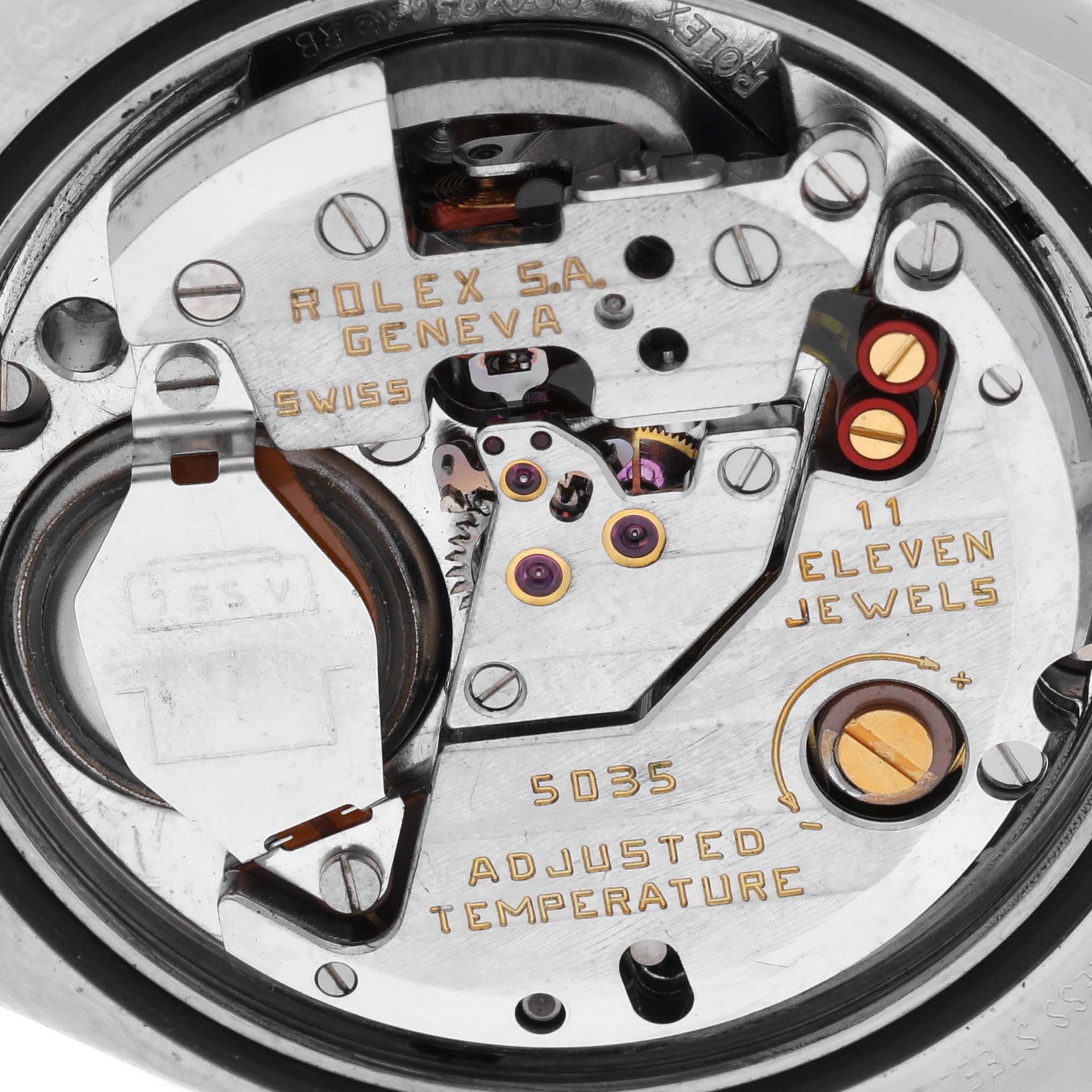 The image shows the movement and internal mechanism of a Rolex Oysterquartz 17013 Men's Steel and Gold (two tone) Champagne Dial 17013 Men's Steel and Gold (two tone) Champagne Dial watch, highlighting the components and jewels.