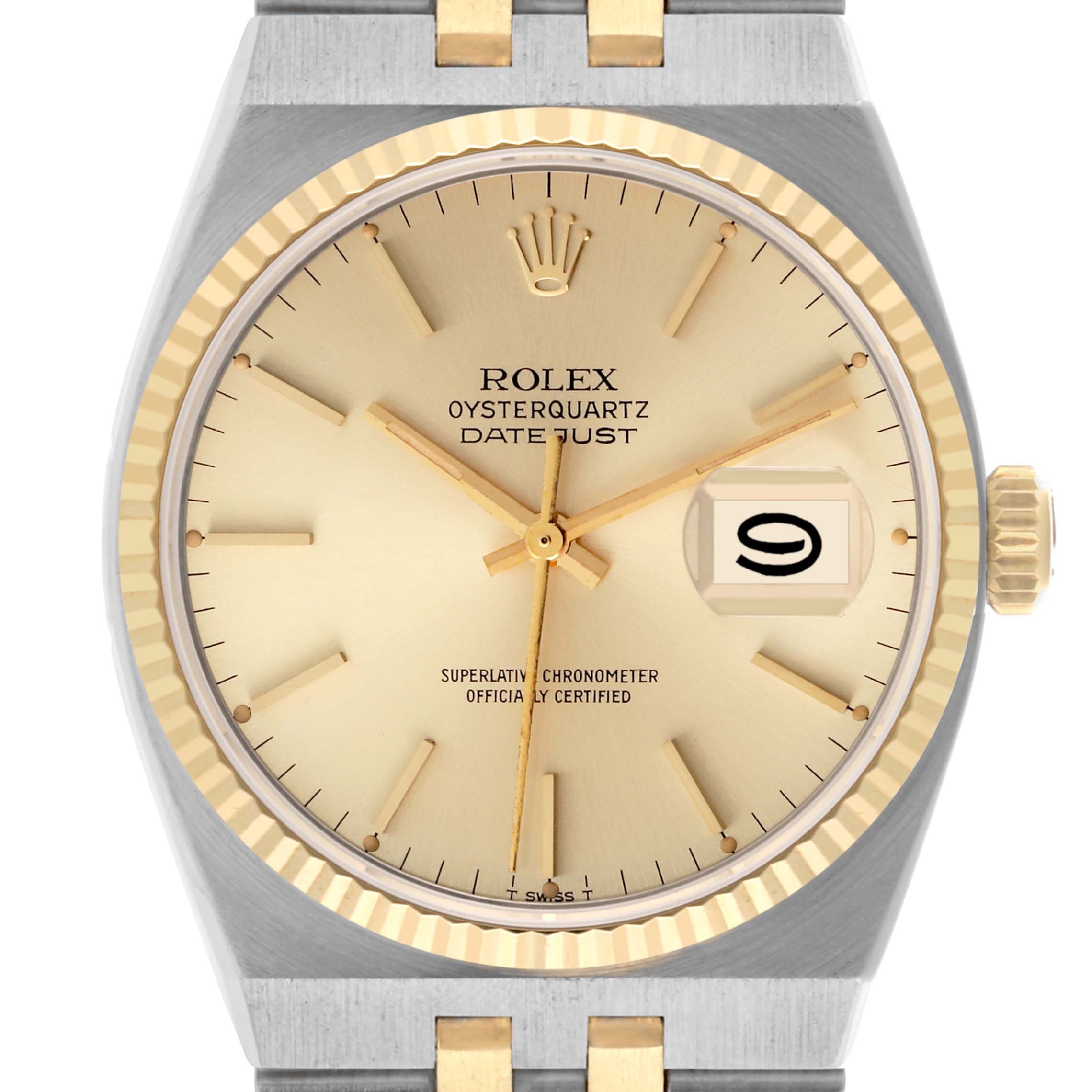 The image shows a close-up of the Rolex Oysterquartz 17013 Men's Steel and Gold (two tone) Champagne Dial 17013 Men's Steel and Gold (two tone) Champagne Dial Datejust's dial, bezel, crown, and part of the bracelet.
