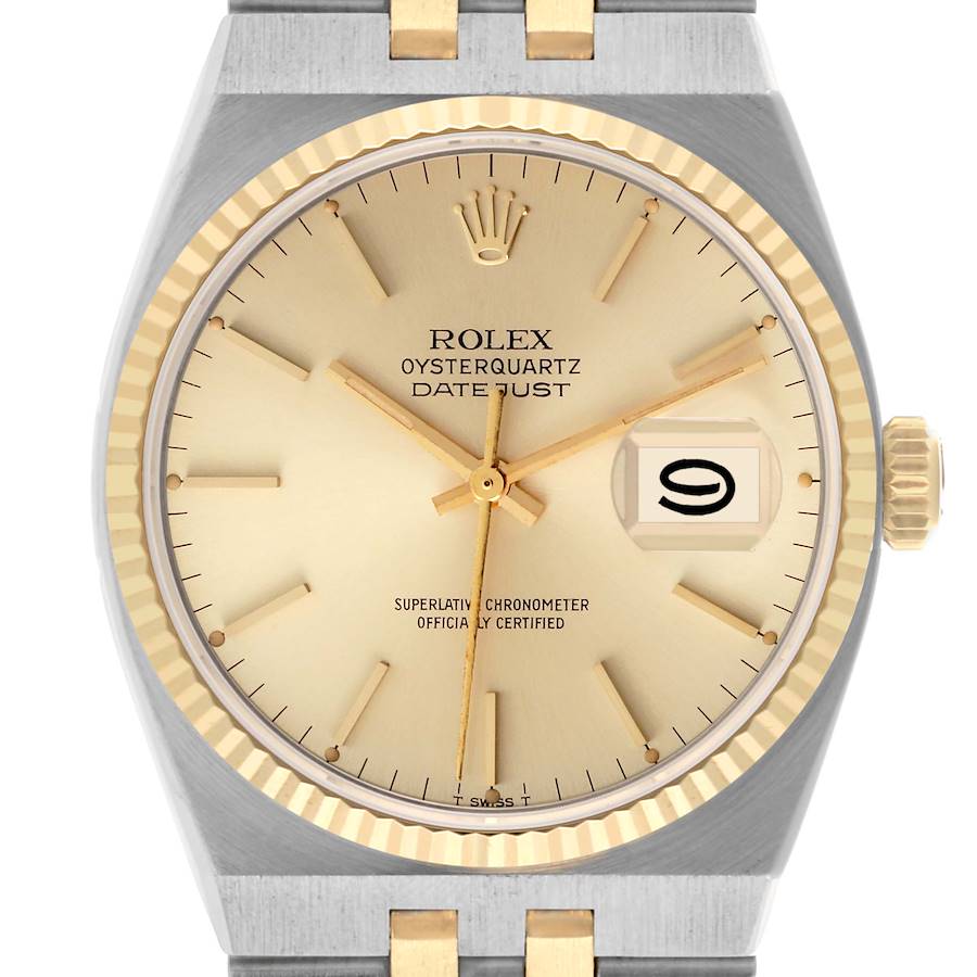 The image shows a close-up of the Rolex Oysterquartz Datejust's dial, bezel, crown, and part of the bracelet.