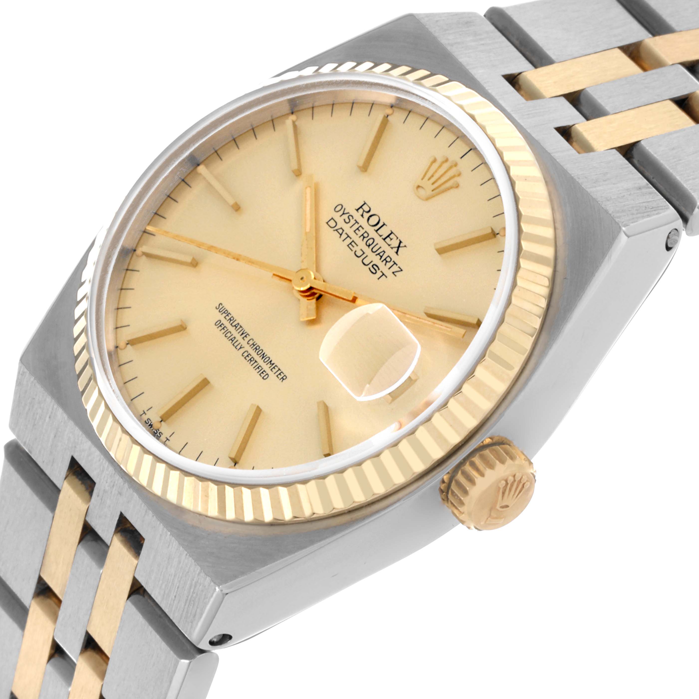 The Rolex Oysterquartz 17013 Men's Steel and Gold (two tone) Champagne Dial 17013 Men's Steel and Gold (two tone) Champagne Dial watch is shown at an angled side view, highlighting its dial, bezel, crown, and bracelet.